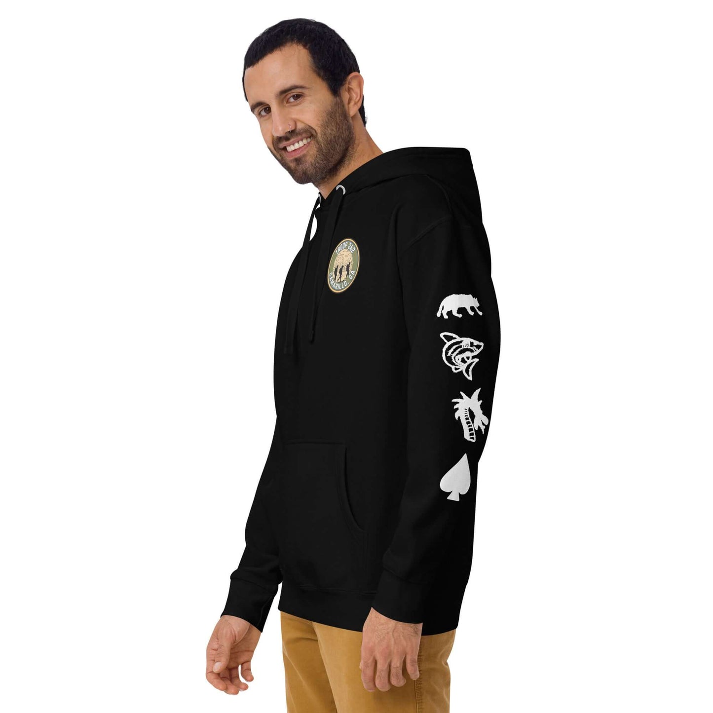 Adult Unisex Hoodie featuring unique designs on sleeves, perfect for casual wear and outdoor adventures