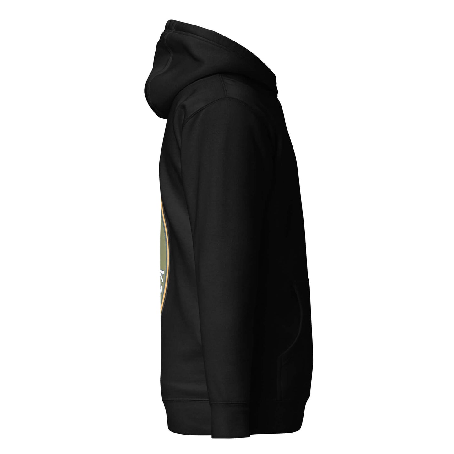 Side view of Adult Unisex Hoodie – Double Hiking Ultimate Edition in black, showcasing its soft material and stylish design.