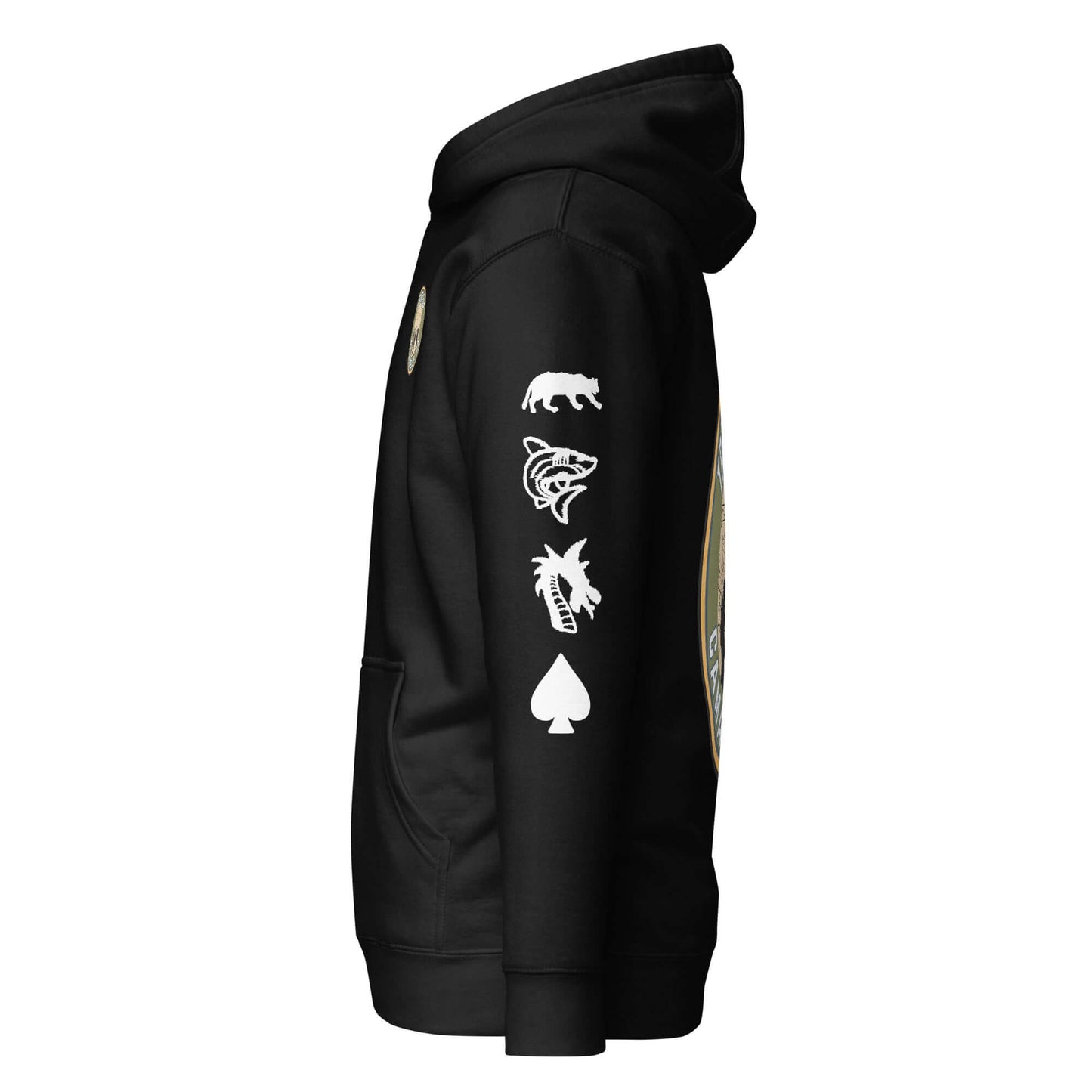 Side view of Adult Unisex Hoodie - Double Hiking Ultimate Edition, featuring unique animal graphics on sleeve.
