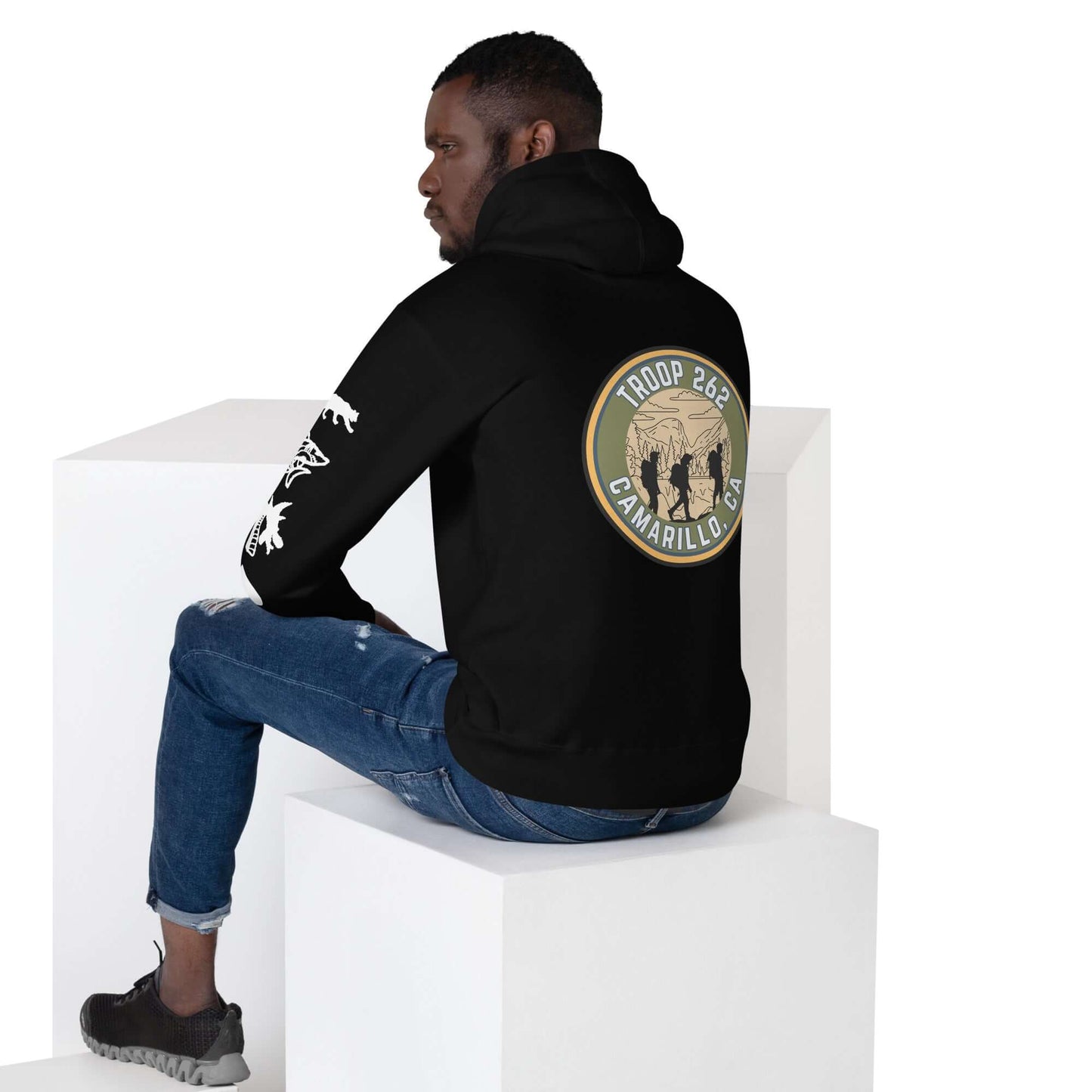 Adult unisex hoodie in black featuring Troop 262 design from Camarillo, CA, with a front pouch pocket and comfortable fit.