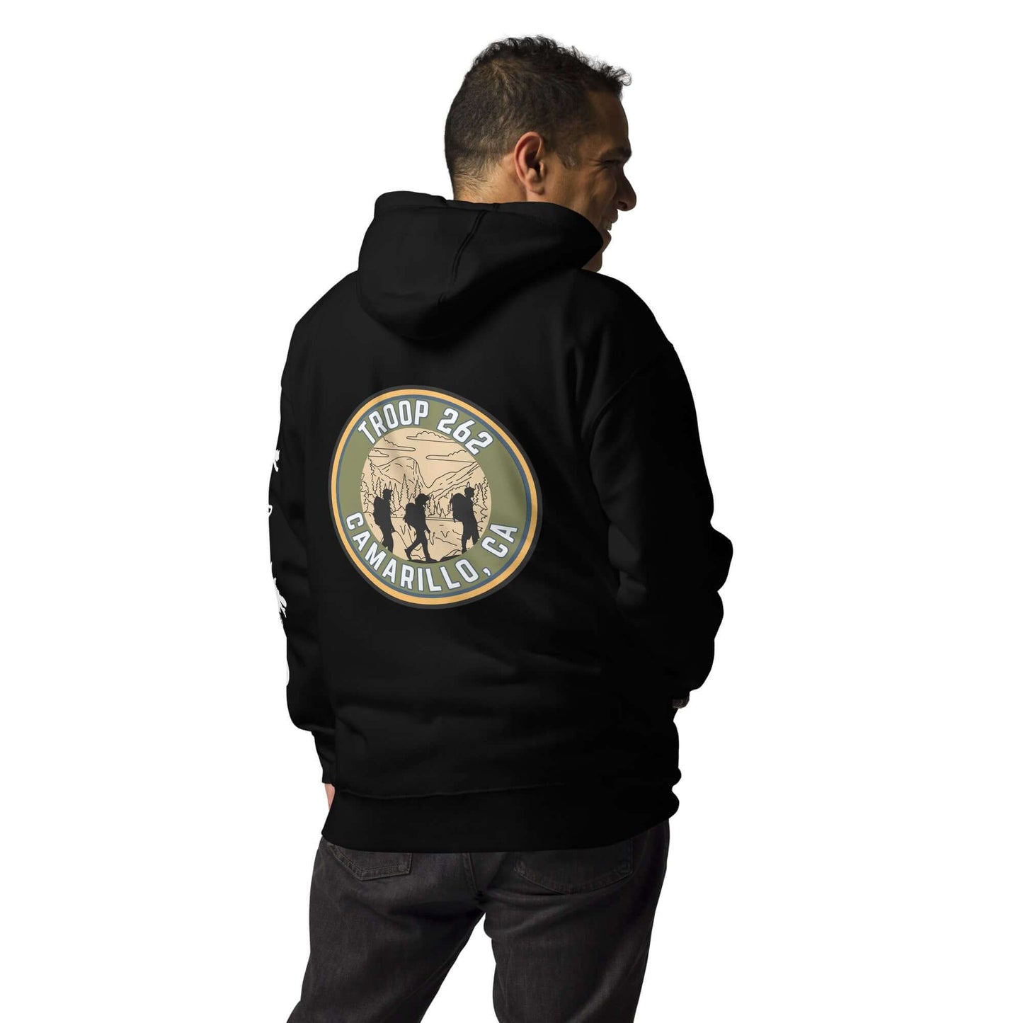 Adult unisex black hoodie featuring Troop 262 Camarillo, CA logo on the back, perfect for casual wear and outdoor activities.