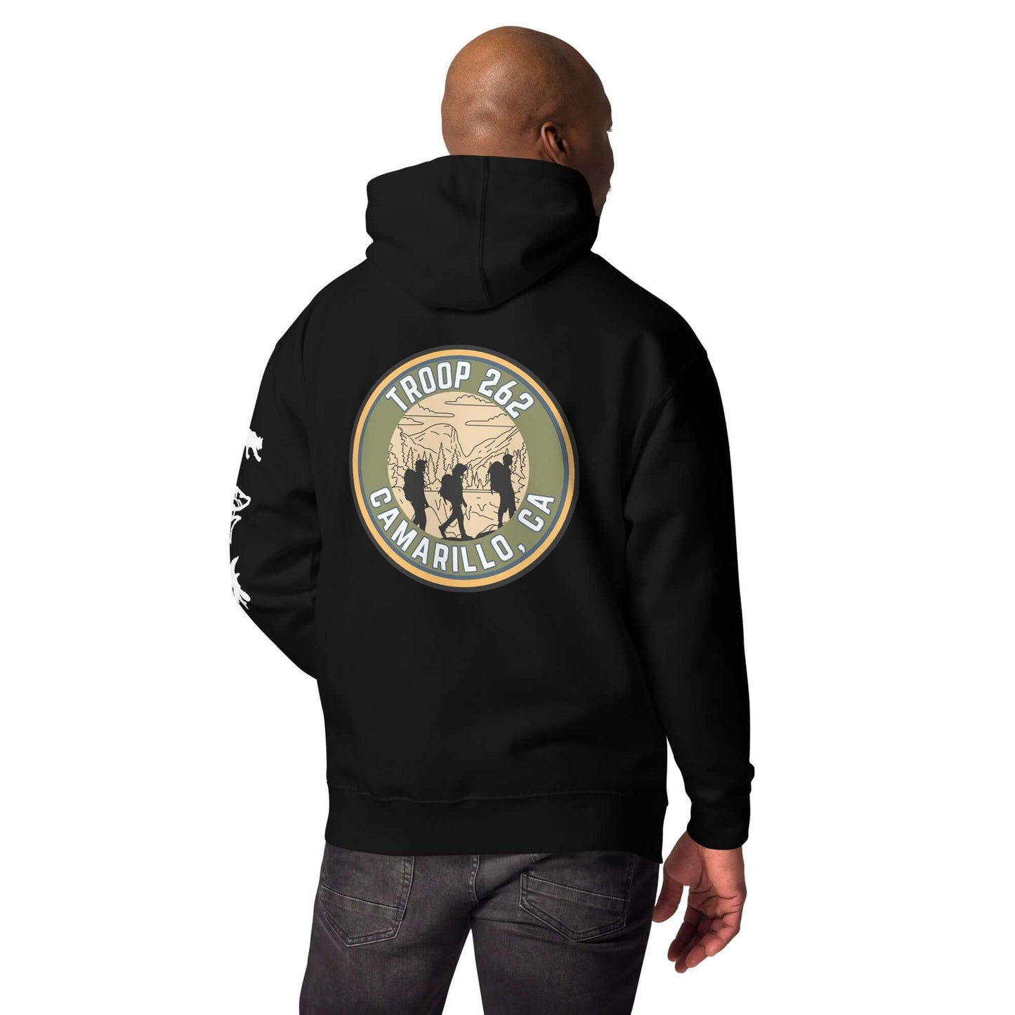 Back view of a man wearing a black Adult Unisex Hoodie featuring Troop 262 Camarillo, CA design.