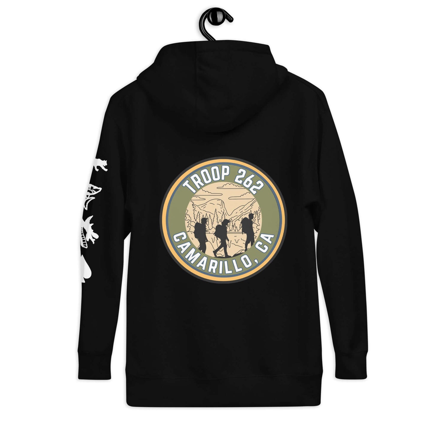 Back view of a black Adult Unisex Hoodie with Troop 262 Camarillo CA logo and white graphic on sleeve.