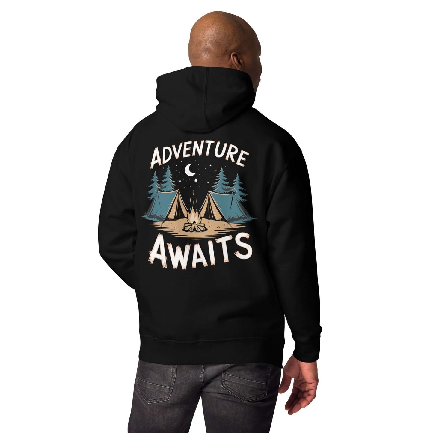 Adult unisex hoodie with 'Adventure Awaits' graphic, ideal for hiking and outdoor activities.
