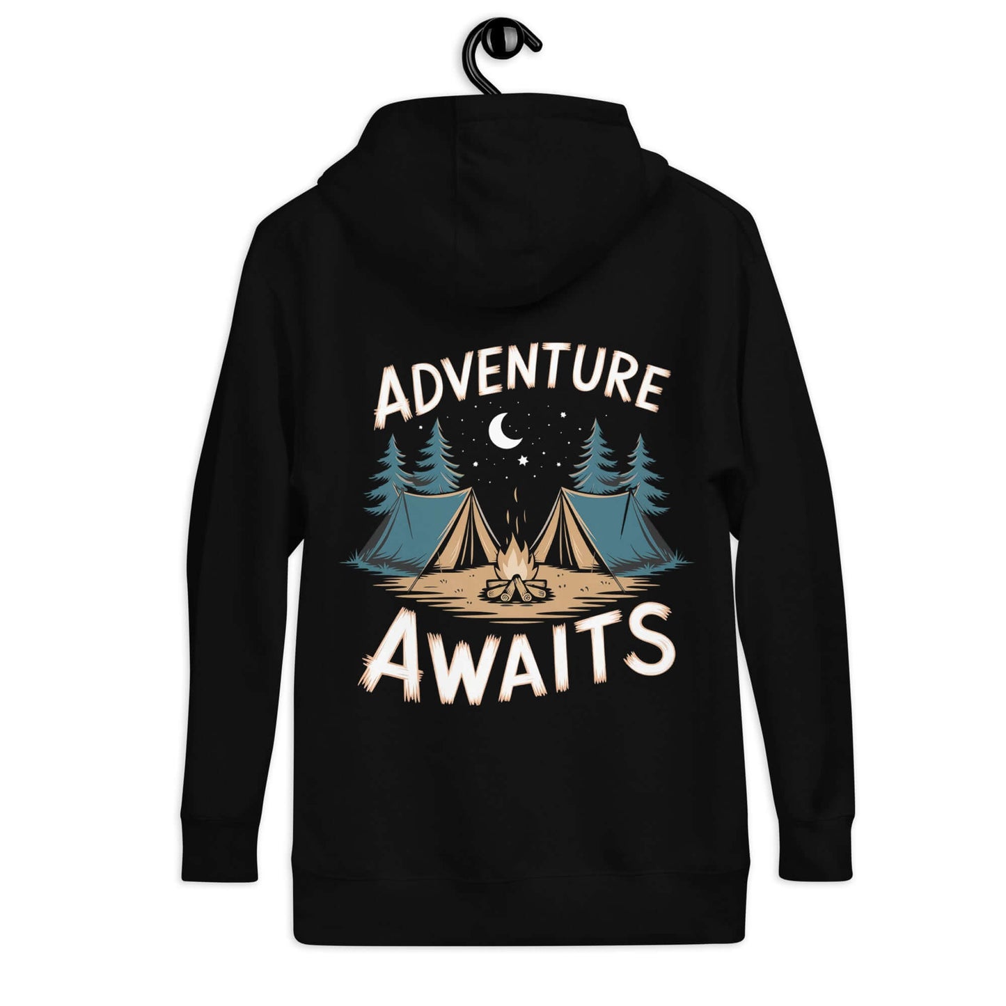 Adult Unisex Hoodie – Hiking Standard Edition featuring 'Adventure Awaits' design with camping theme.