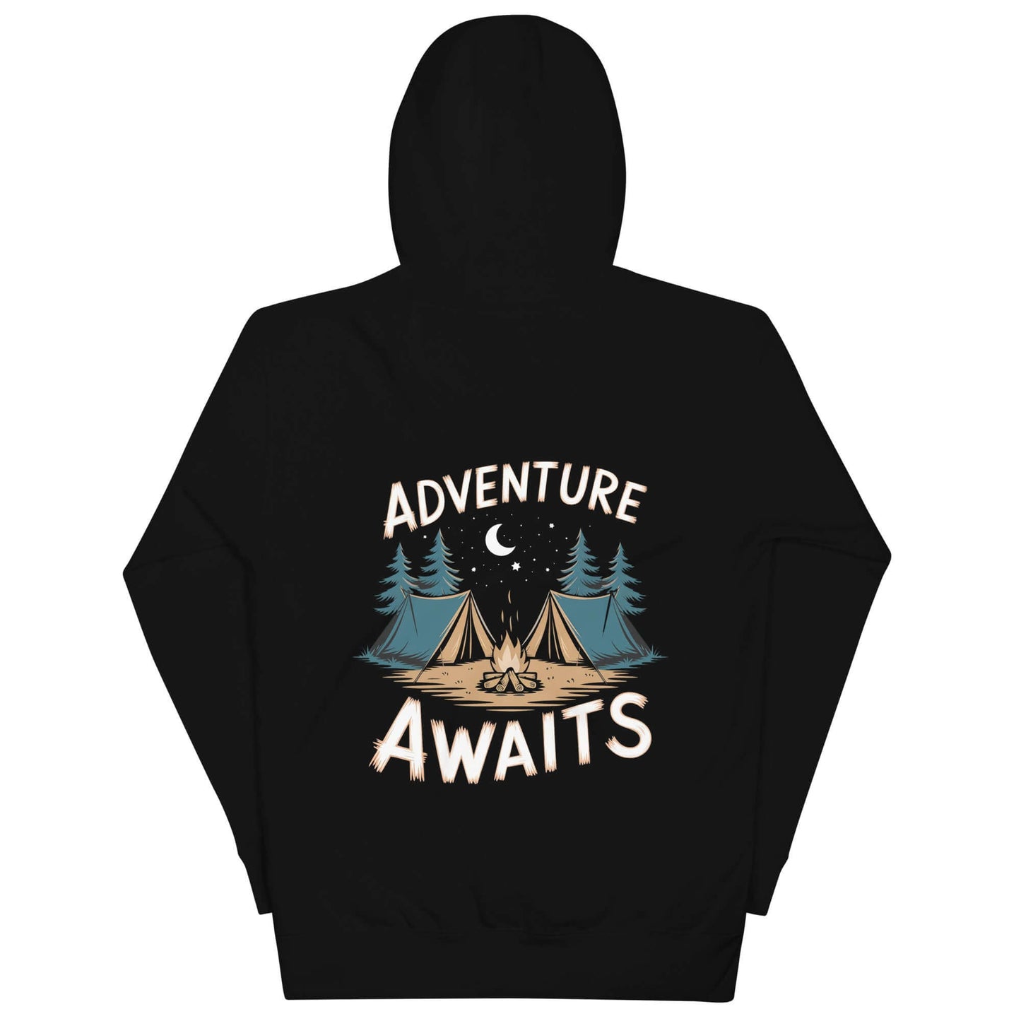 Black adult unisex hoodie featuring 'Adventure Awaits' text and camping graphic with tents and trees.