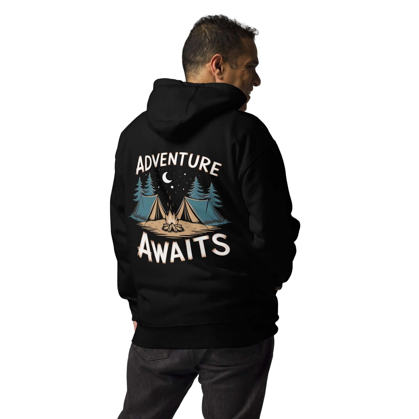 Adult unisex hiking hoodie featuring 'Adventure Awaits' graphic and camping design, perfect for outdoor enthusiasts.