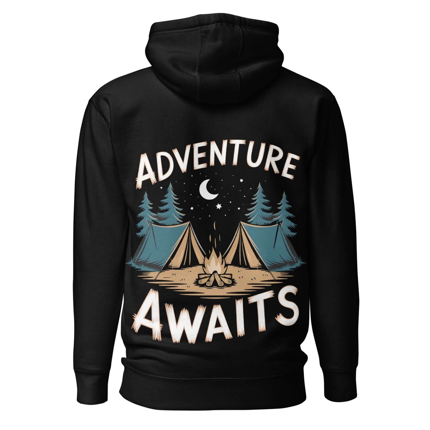 Black hiking hoodie with "Adventure Awaits" design and tent graphic, perfect for outdoor enthusiasts.