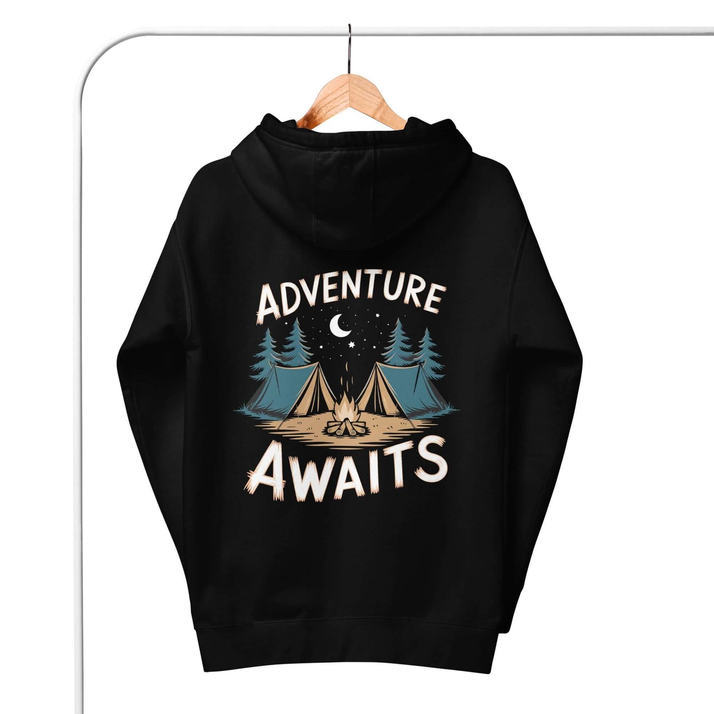 Black hoodie featuring 'Adventure Awaits' with a camping scene, perfect for outdoor enthusiasts.
