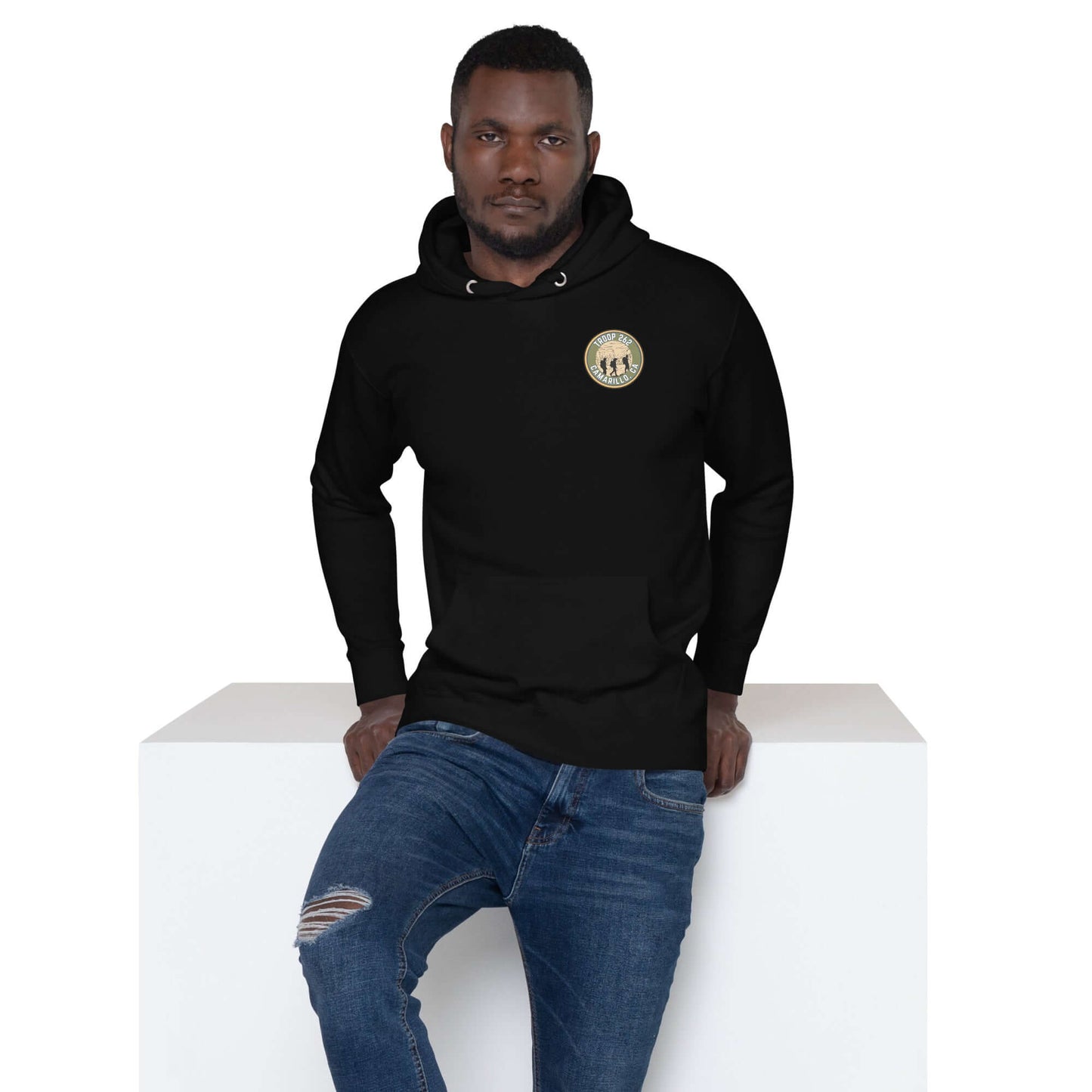 Man wearing a black Adult Unisex Hoodie – Hiking Standard Edition, showcasing comfort and style.