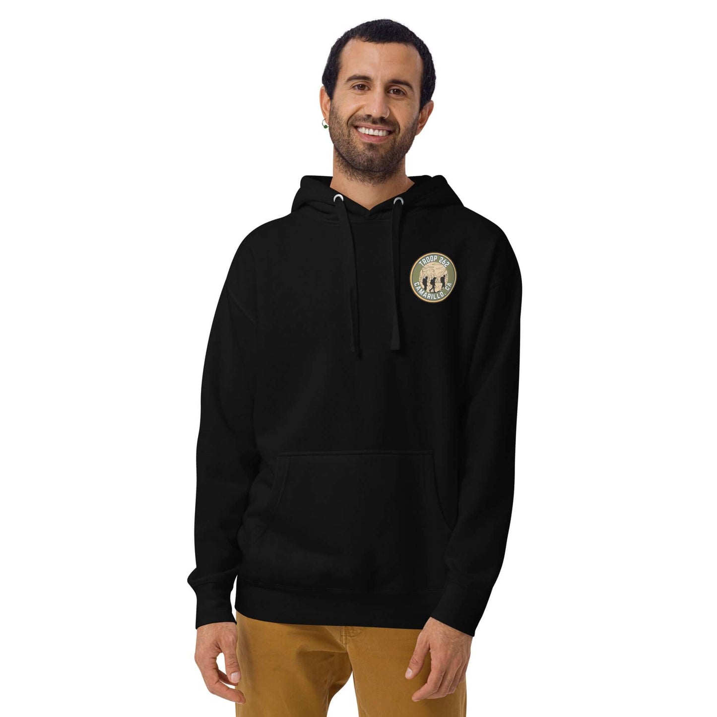 Adult unisex black hoodie for hiking with logo, featuring drawstring hood and front pocket, perfect for outdoor adventures.