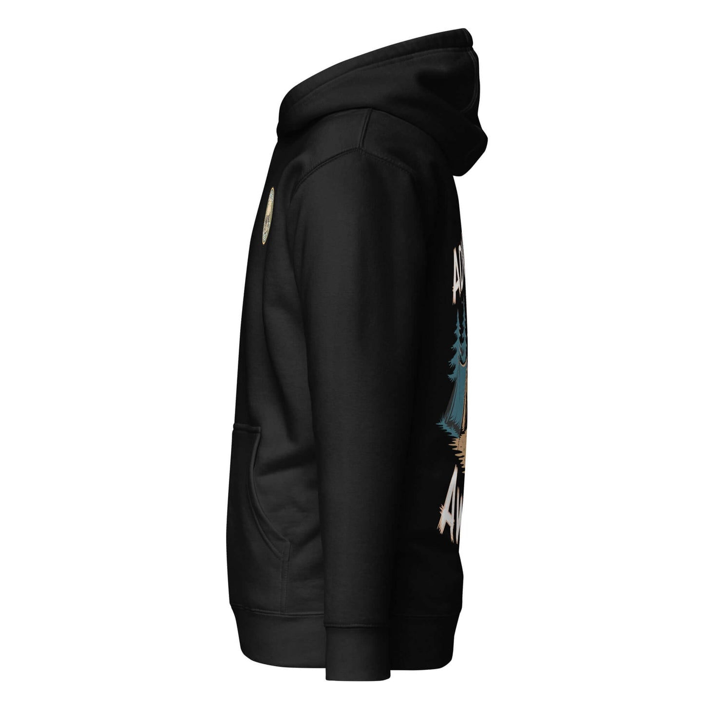 Side view of Adult Unisex Hoodie in black, featuring outdoor-themed graphic design for hiking and camping.