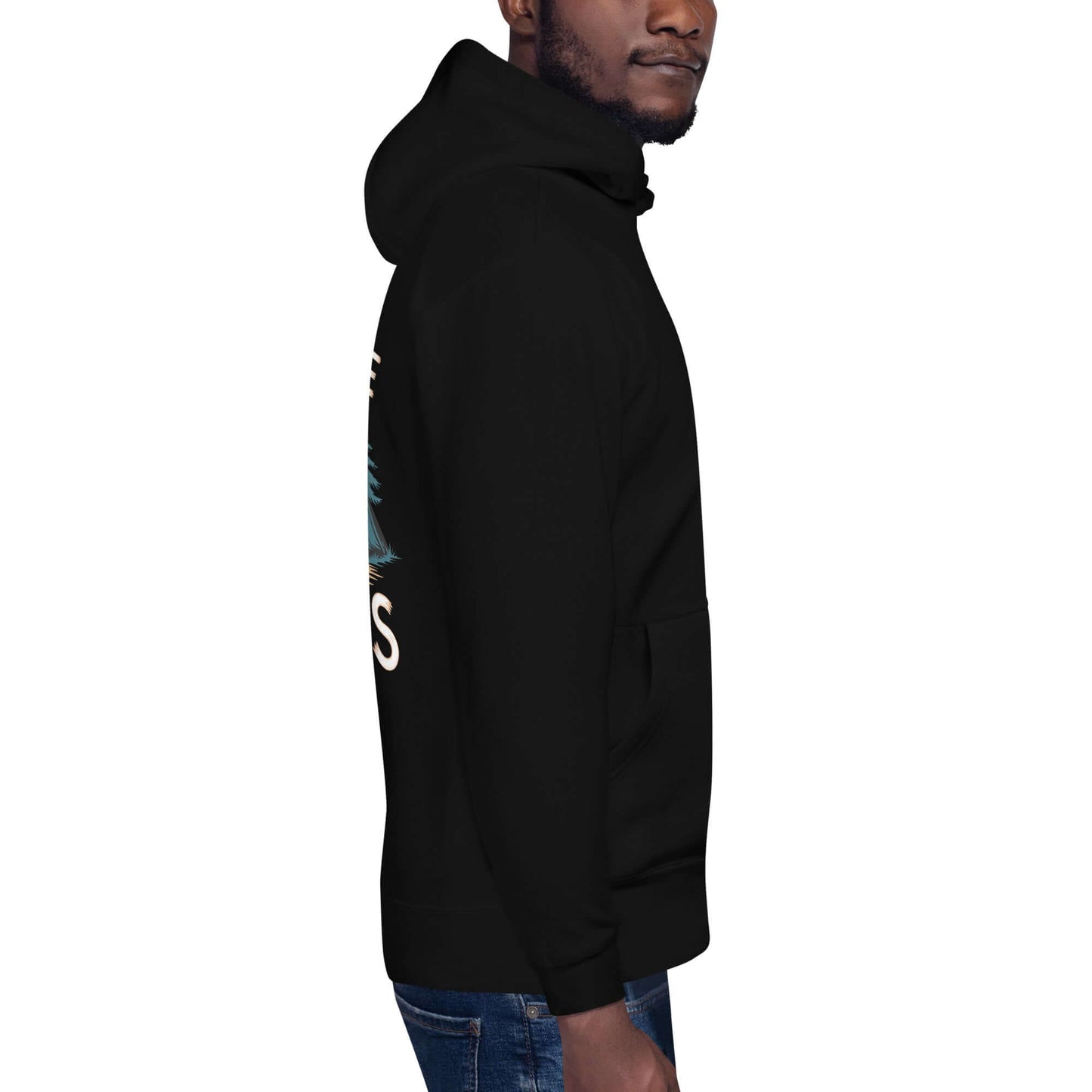 Side view of an adult unisex black hoodie, perfect for hiking and outdoor adventures.