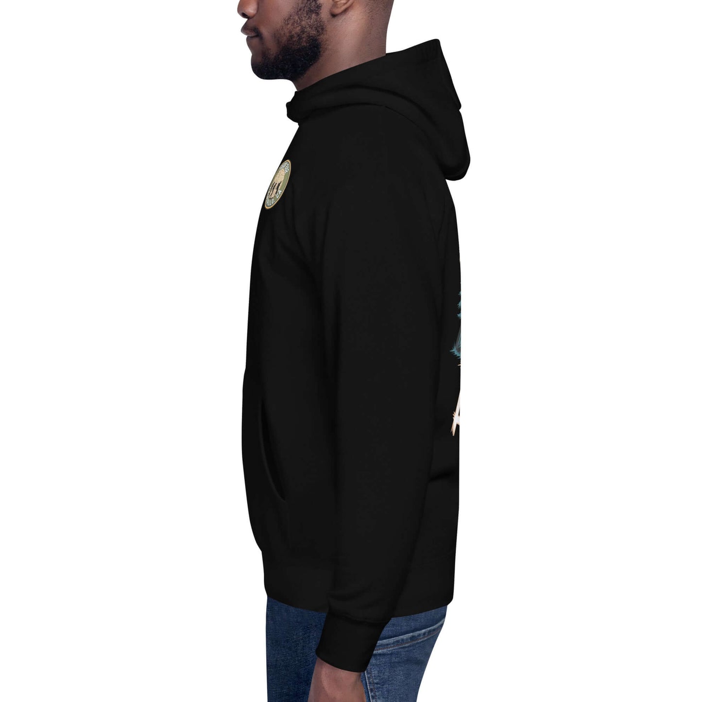 Side view of an adult unisex hoodie in black, featuring outdoor-themed design, ideal for hiking and casual wear.
