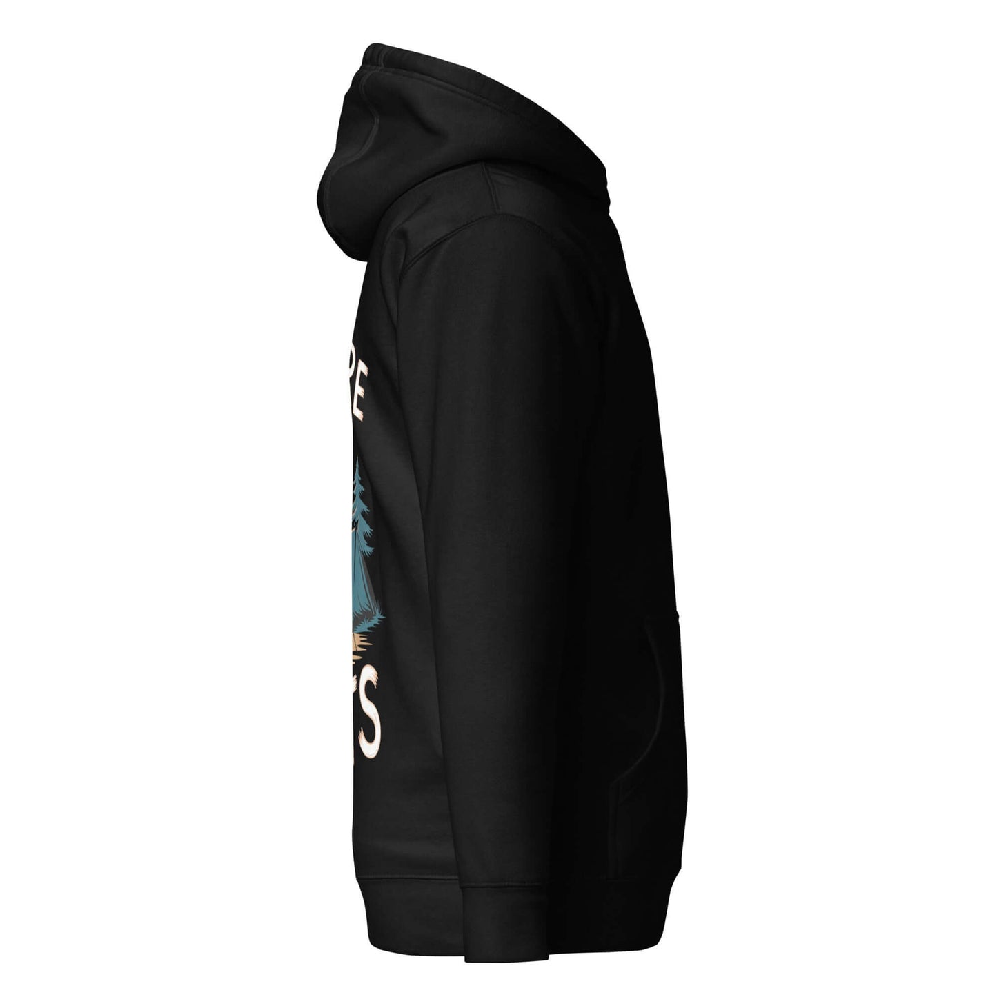 Side view of black Adult Unisex Hoodie – Hiking Standard Edition featuring stylish outdoor graphic.
