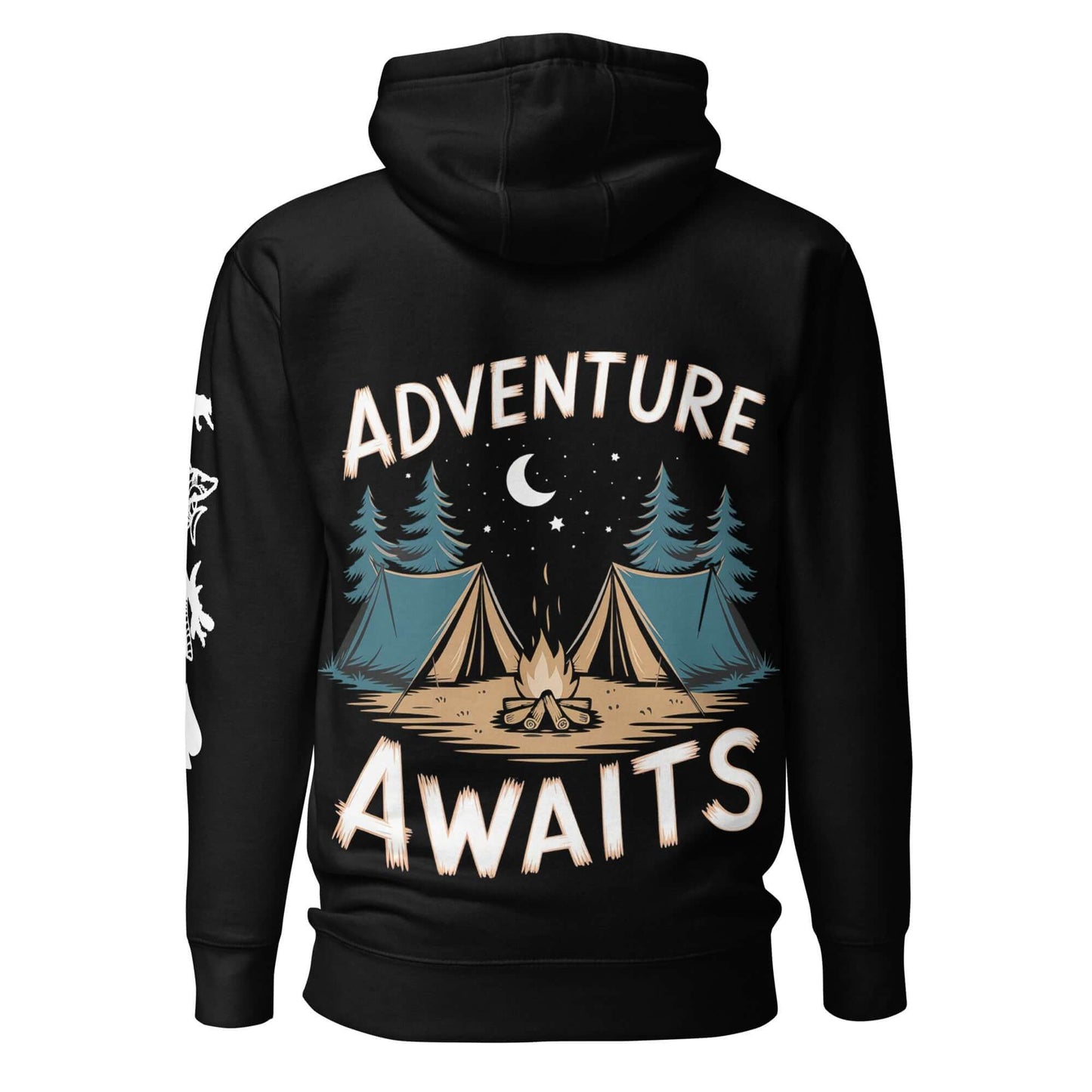 Black unisex hoodie displaying 'Adventure Awaits' with campfire and tents design, perfect for outdoor enthusiasts.