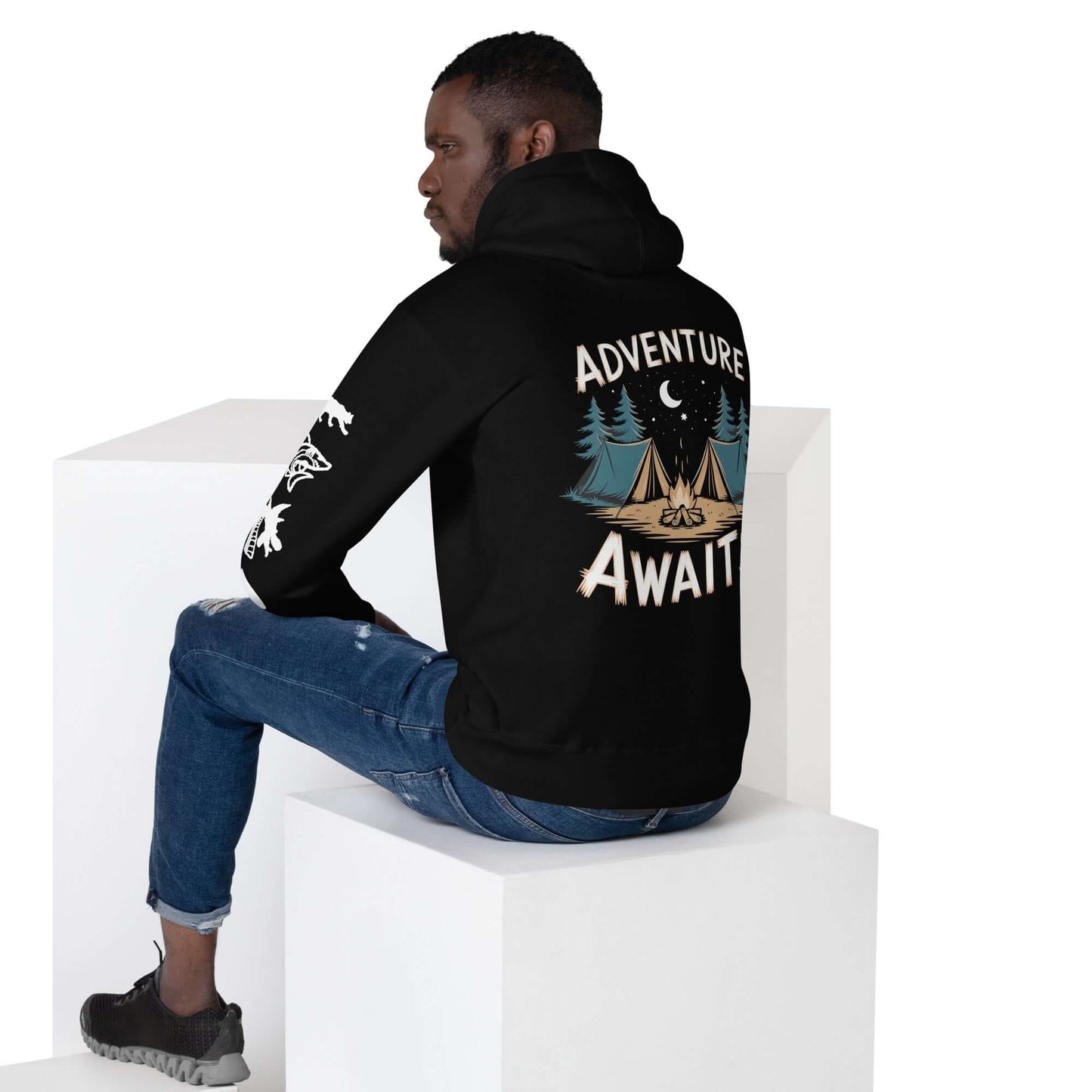 Adult unisex hoodie in black with 'Adventure Awaits' design, perfect for outdoor activities and casual outings.