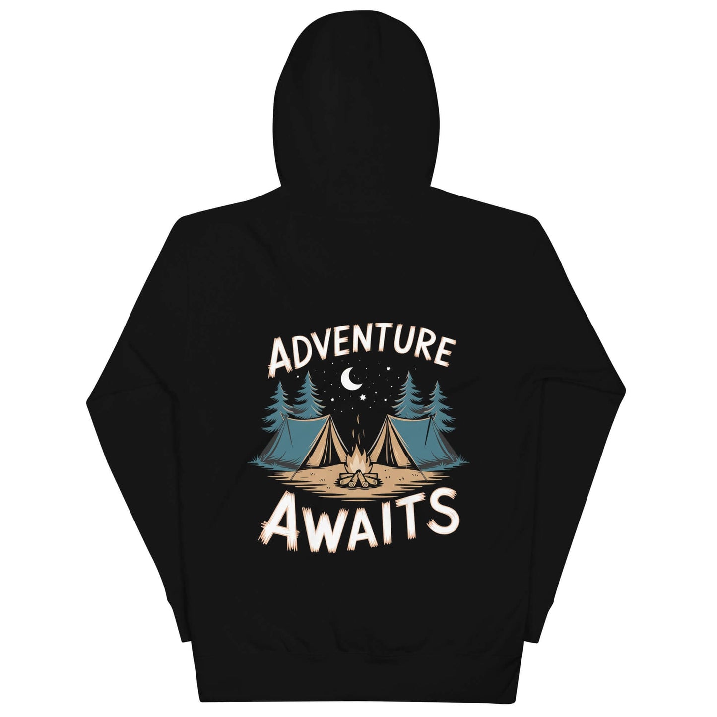 Adult unisex hoodie with 'Adventure Awaits' design featuring tents and trees, perfect for outdoor enthusiasts.