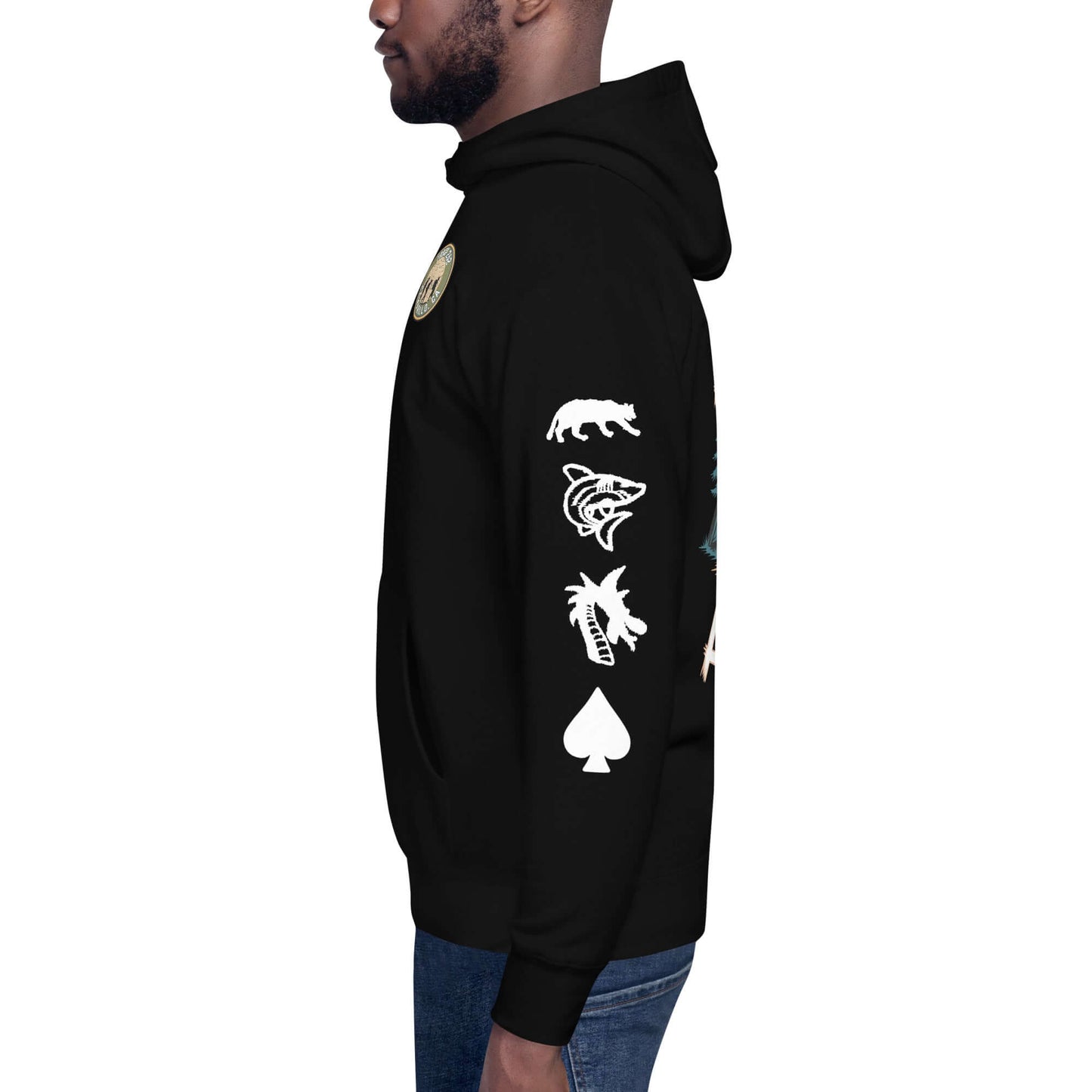 Adult unisex hoodie featuring unique animal and card symbols on a black background, perfect for outdoor adventures.