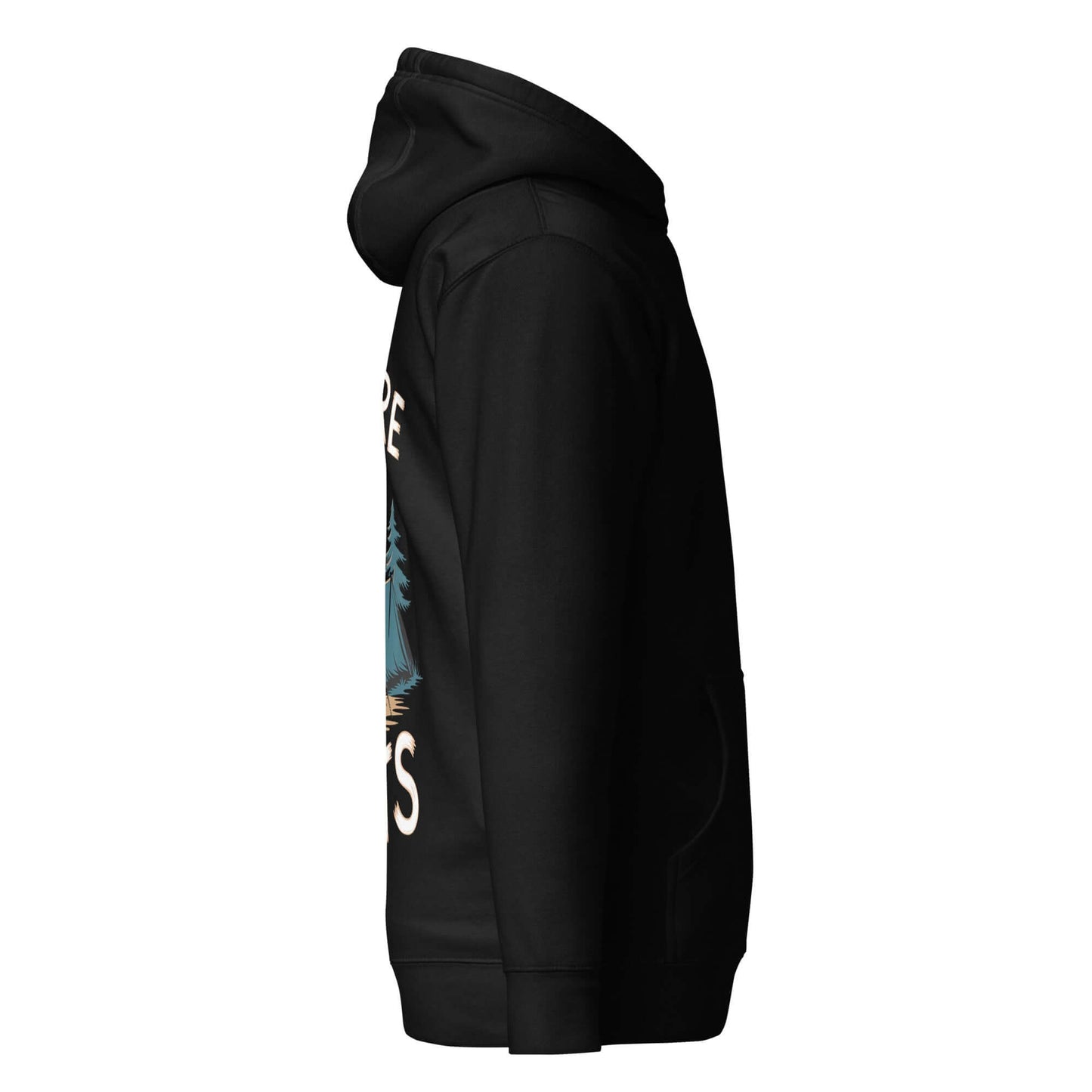 Side view of the Adult Unisex Hoodie – Hiking Ultimate Edition in black, showcasing outdoor-inspired design.