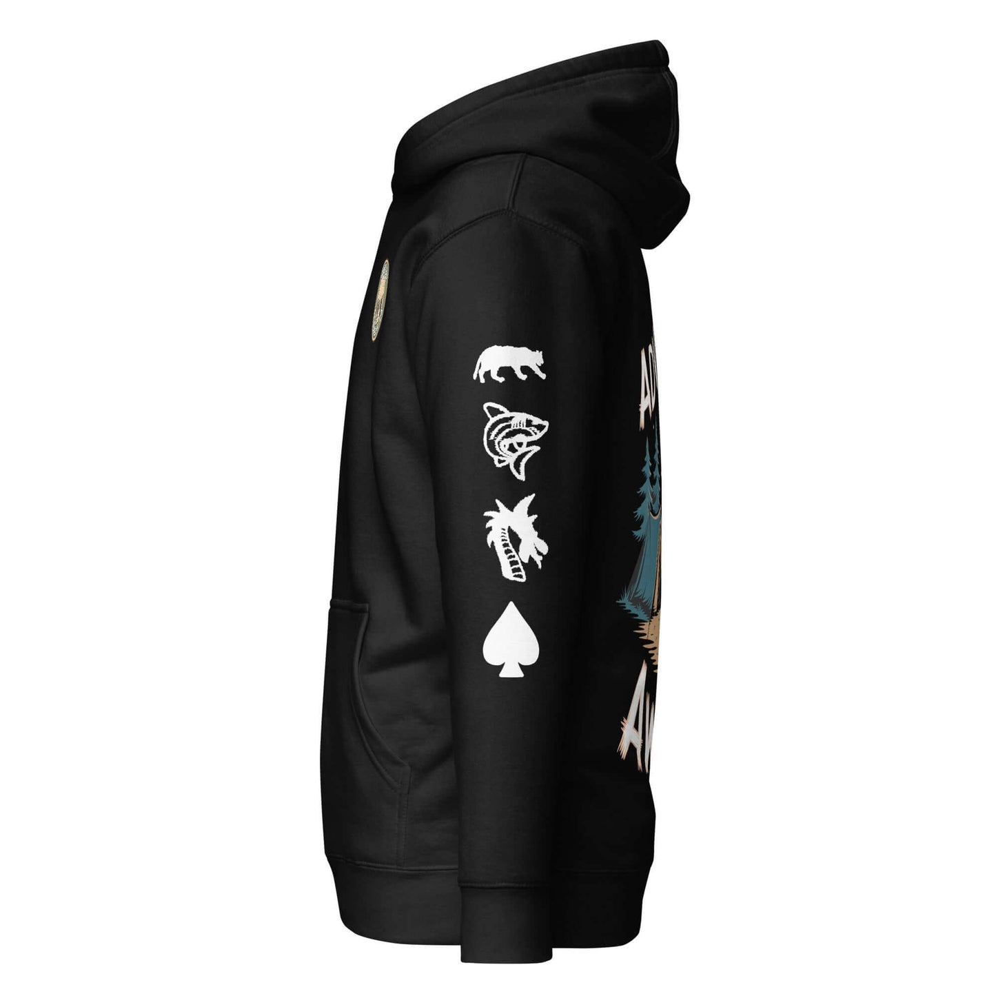 Side view of Adult Unisex Hiking Ultimate Edition Hoodie showcasing unique graphic designs and a cozy fit.