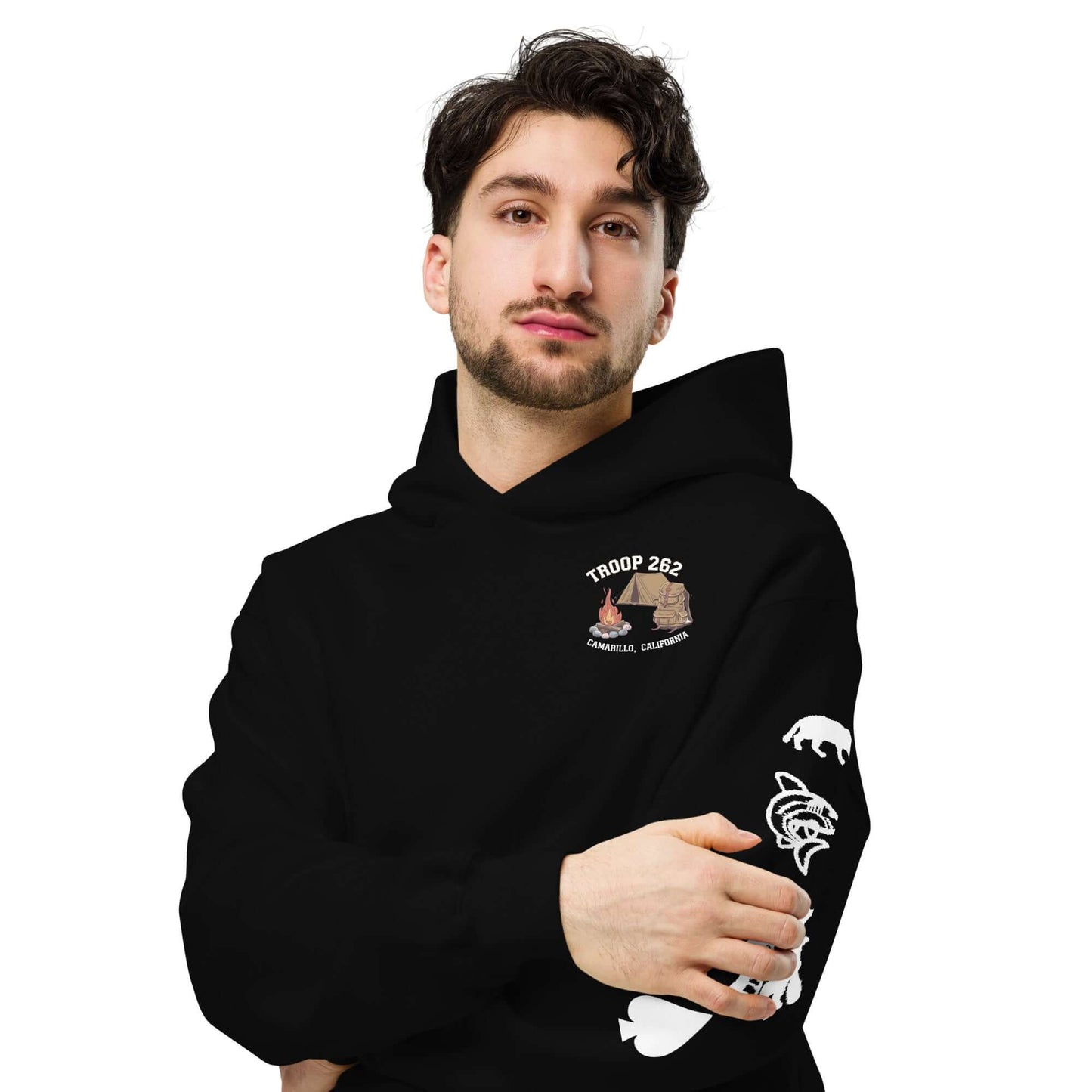 Adult unisex oversized hoodie featuring Troop 252 emblem and animal graphics, ideal for camping and outdoor activities.