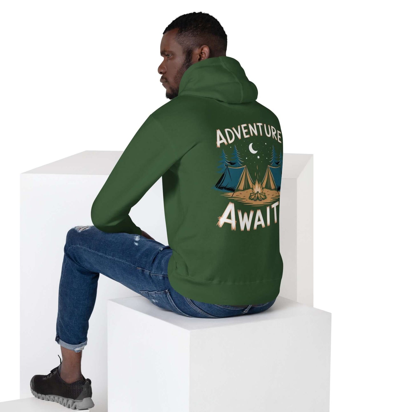 Adult unisex hoodie featuring 'Adventure Awaits' design and camping graphics, perfect for Troop 262 members.