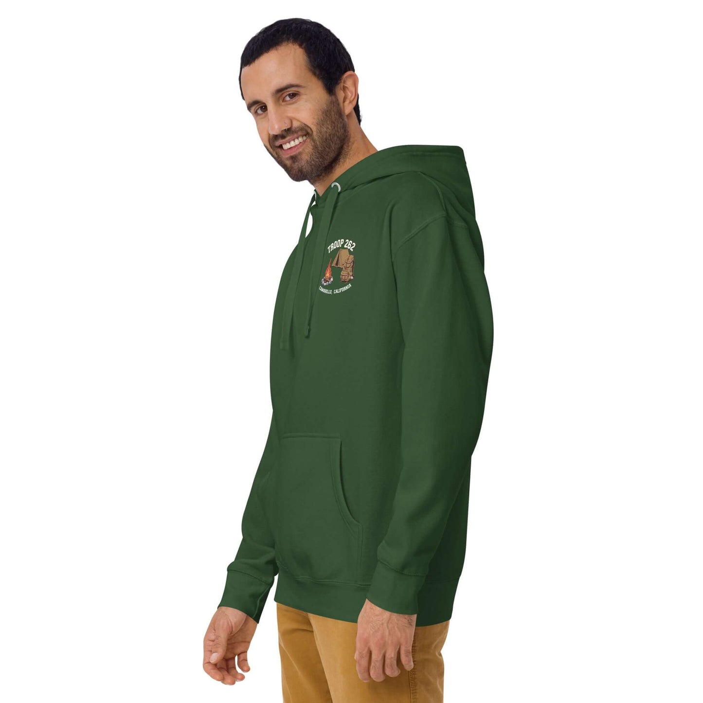 Adult Unisex Hoodie in green, featuring Troop 262 logo for Assistant Scout Masters, perfect for camping and casual wear.