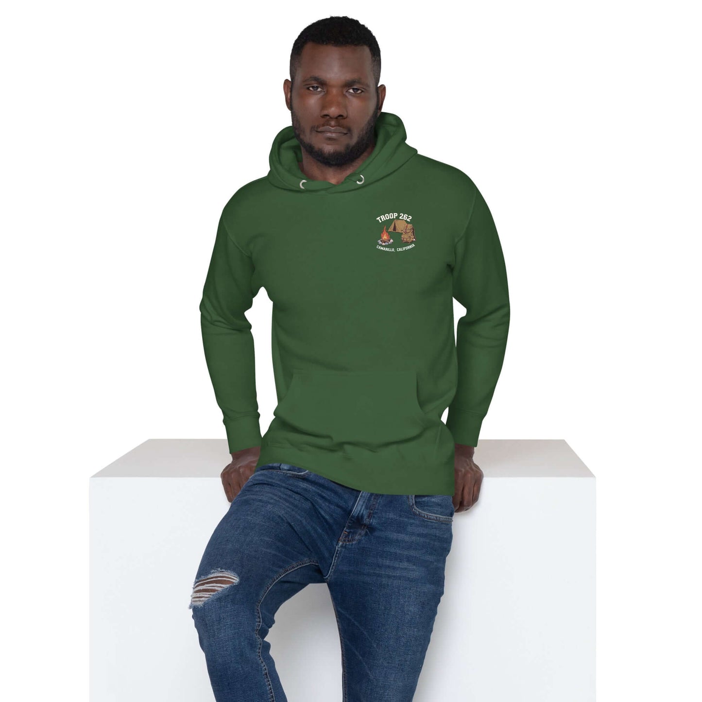 Adult Unisex Hoodie for Troop 262, deep green with camping design, perfect for Assistant Scout Masters.