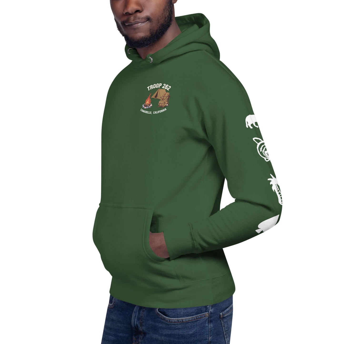 Adult Unisex Hoodie in green for Troop 262 featuring camping design and Assistant Scout Master logo.