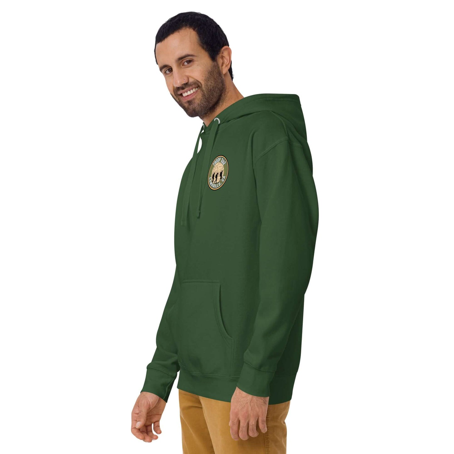 Adult Unisex Hoodie in green, featuring Troop 262 logo, designed for comfort and outdoor activities.