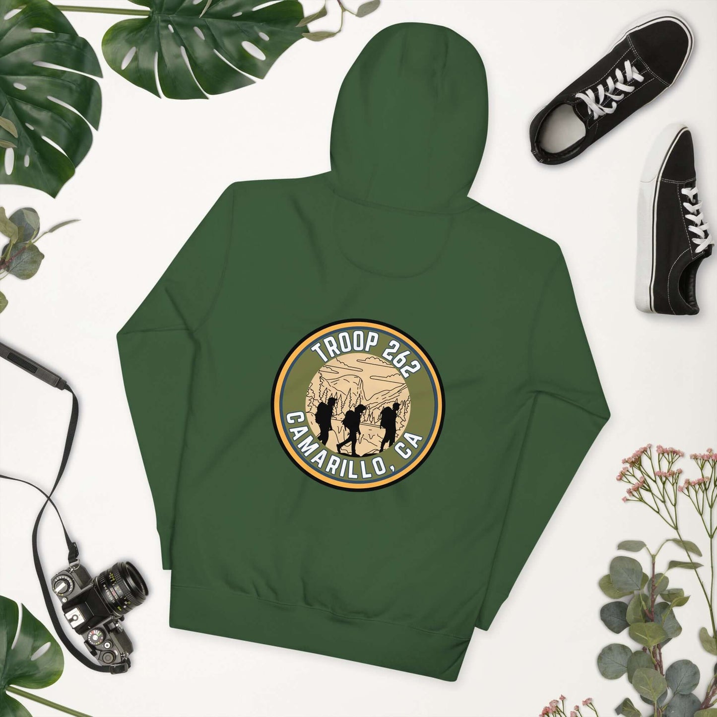 Green Adult Unisex Hoodie for Troop 262, featuring logo design with hikers and text 'Camarillo, CA'.