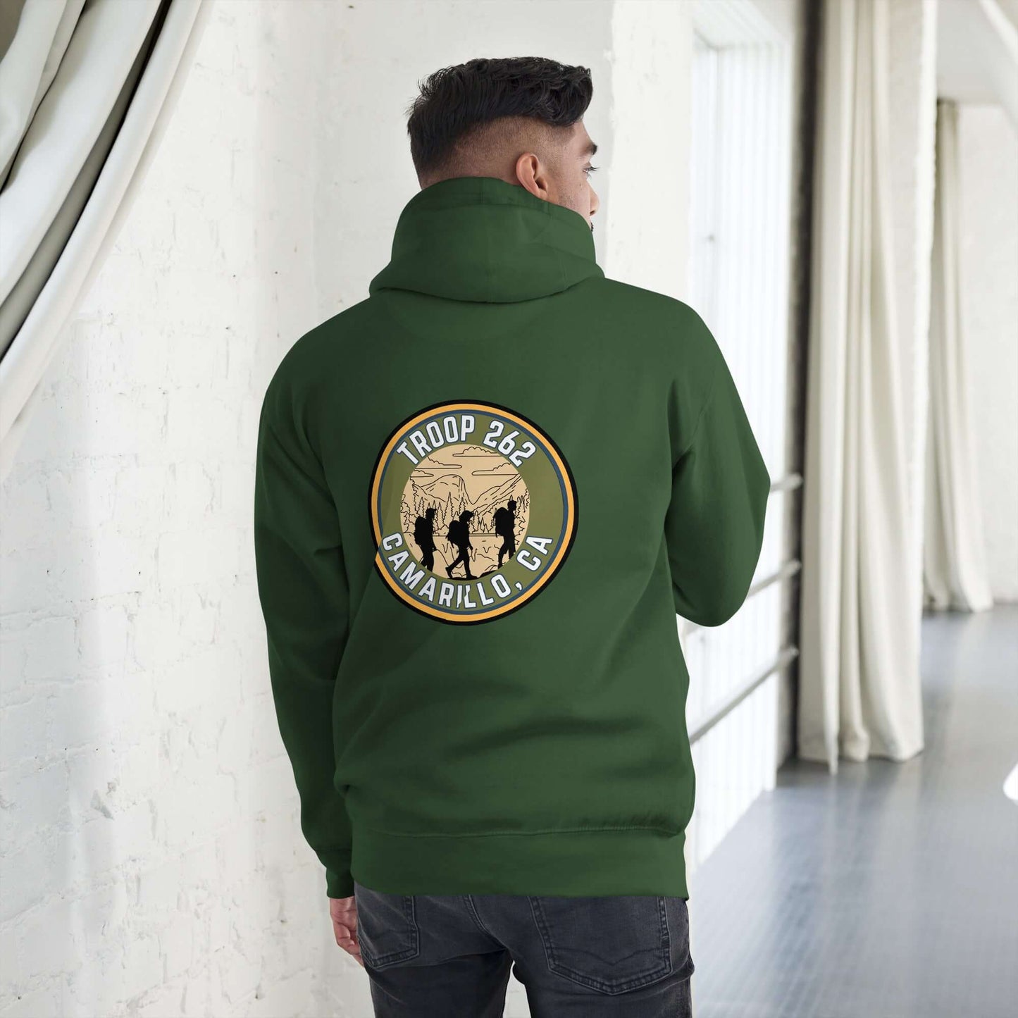 Back view of Adult Unisex Hoodie featuring Troop 262 logo in Camarillo, CA, perfect for hiking and scout leaders.