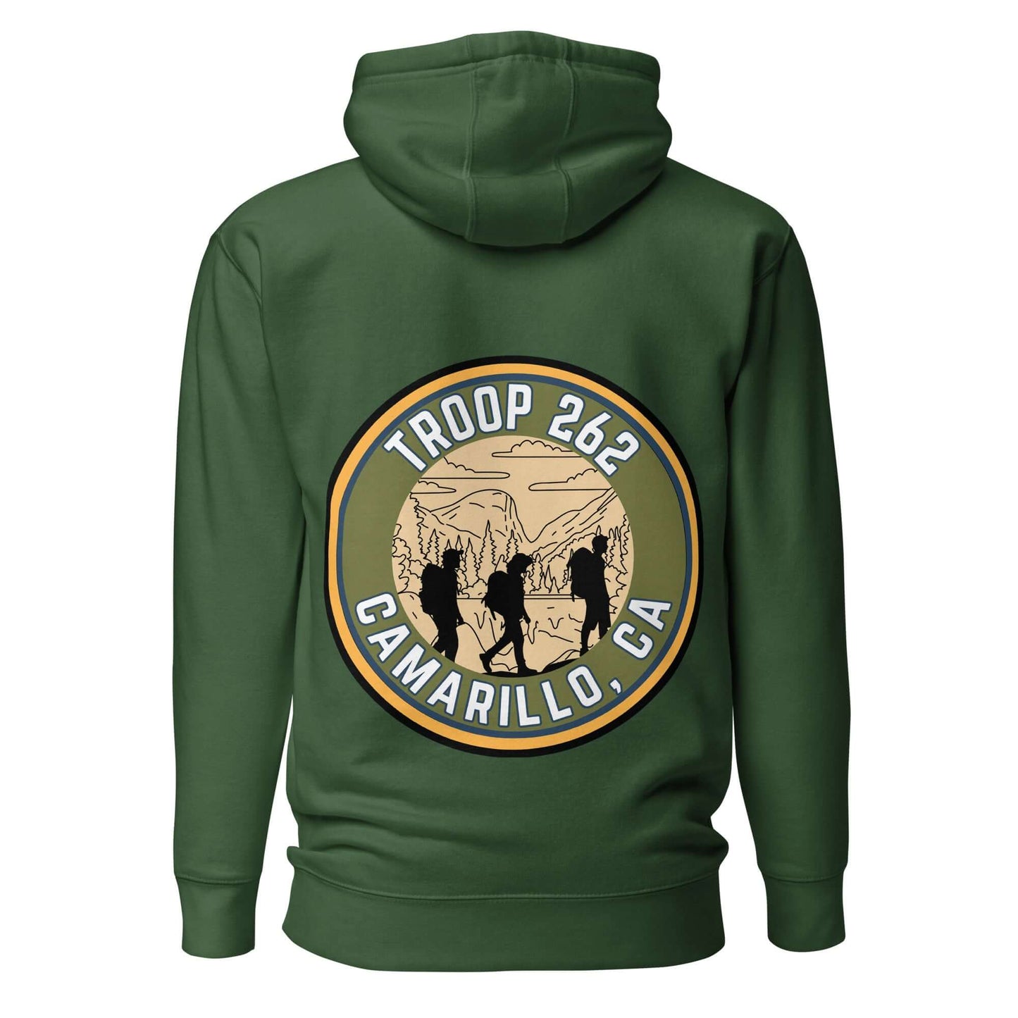 Back view of Troop 262 hoodie featuring a nature-themed design and the text 'Camarillo, CA'.