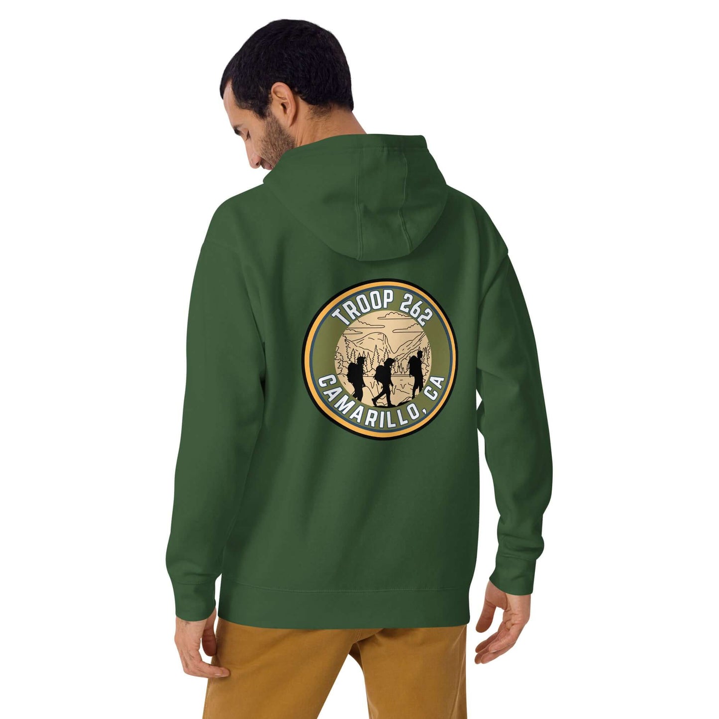 Adult unisex hoodie featuring Troop 262 logo, ideal for hiking and outdoor activities.