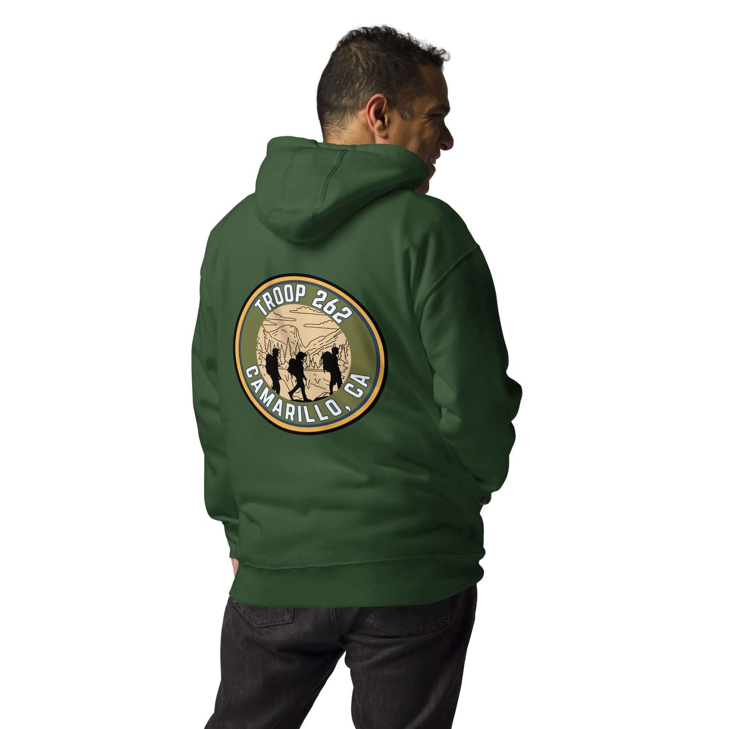 Adult unisex hoodie for Troop 262, featuring a campfire design and comfortable fit, perfect for outdoor activities.