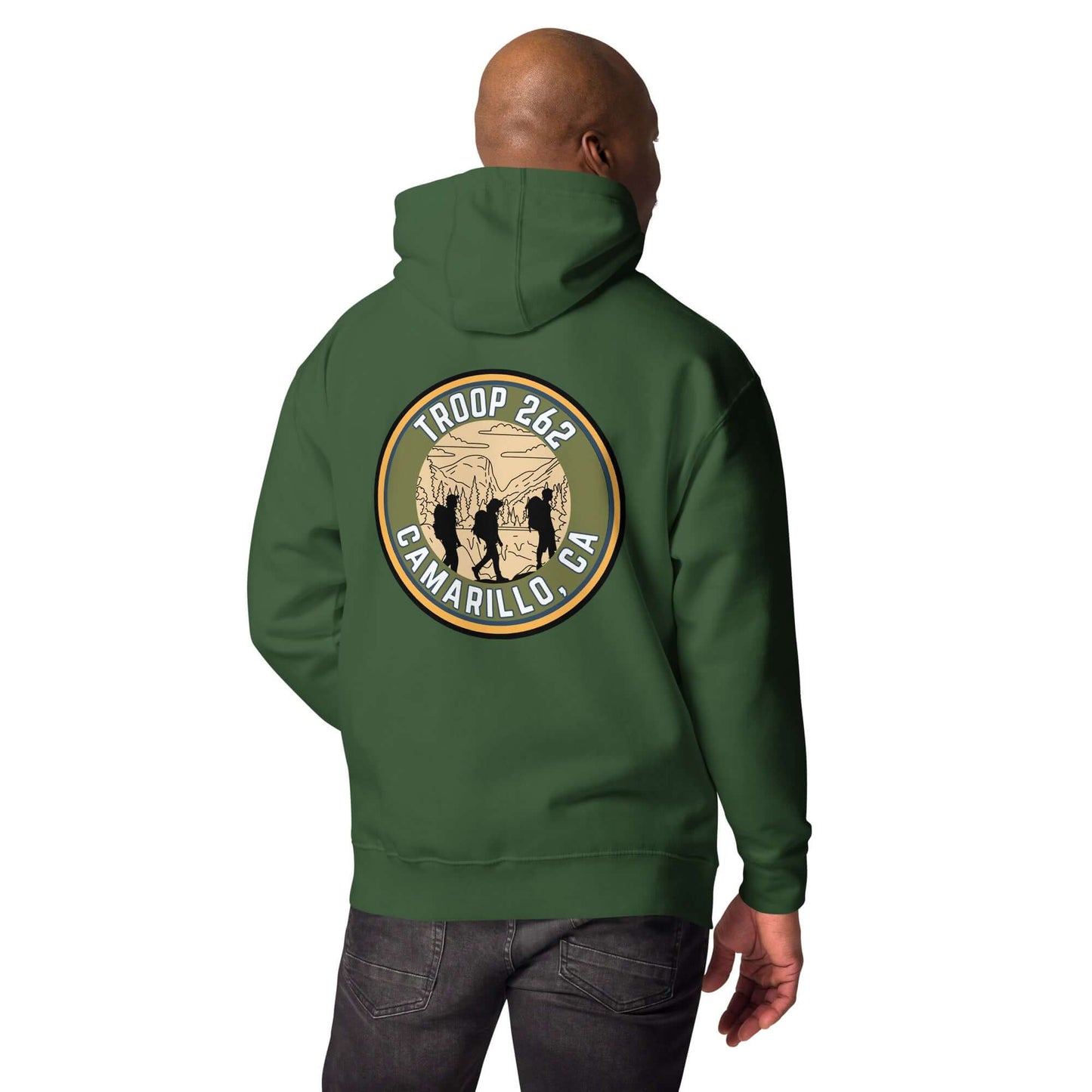 Back view of Adult Unisex Hoodie - ASM, Troop 262 logo, Camarillo, CA, perfect for hikes and outdoor activities.