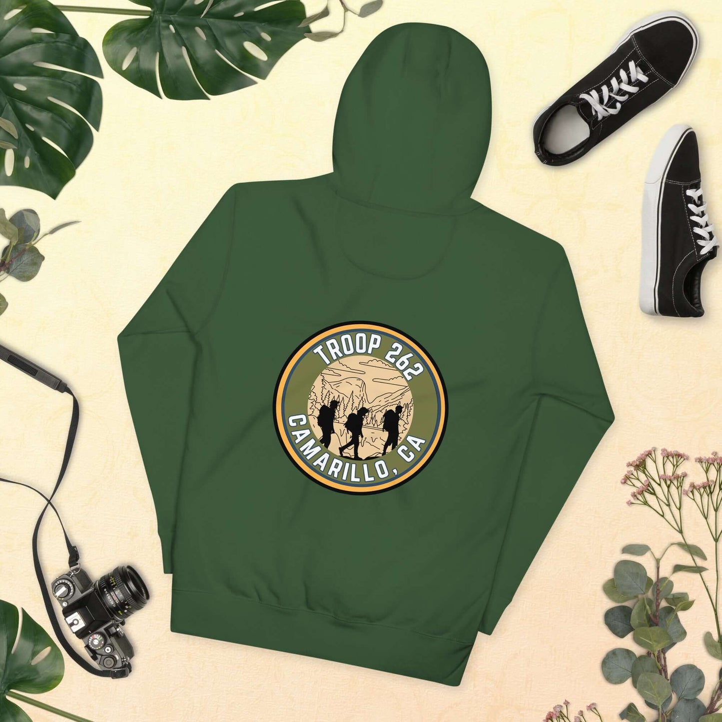 Adult unisex hoodie in green featuring Troop 262 design, perfect for hiking and outdoor activities.