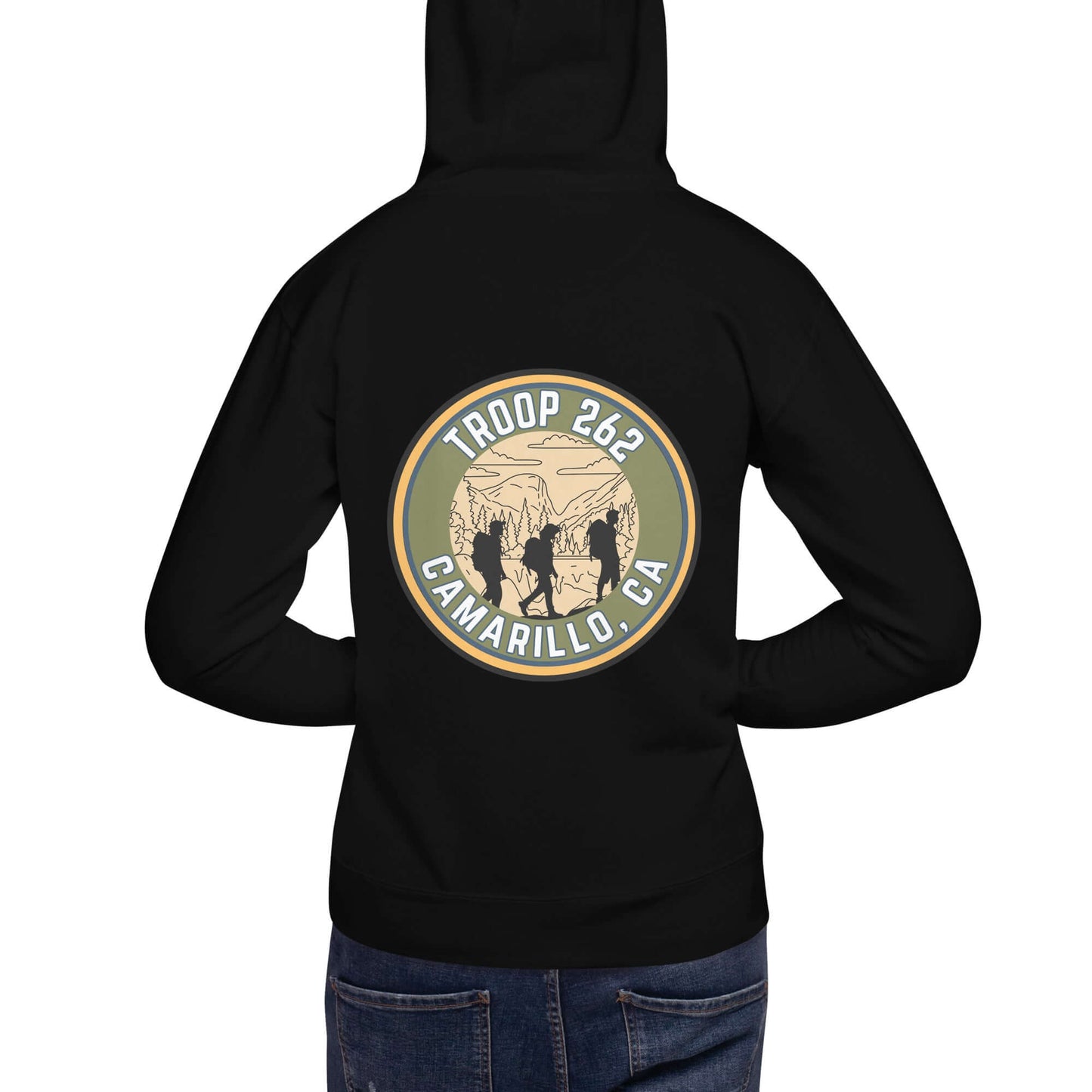 Back view of black Adult Unisex Hoodie featuring Troop 262 Camarillo, CA logo, perfect for outdoor adventures.