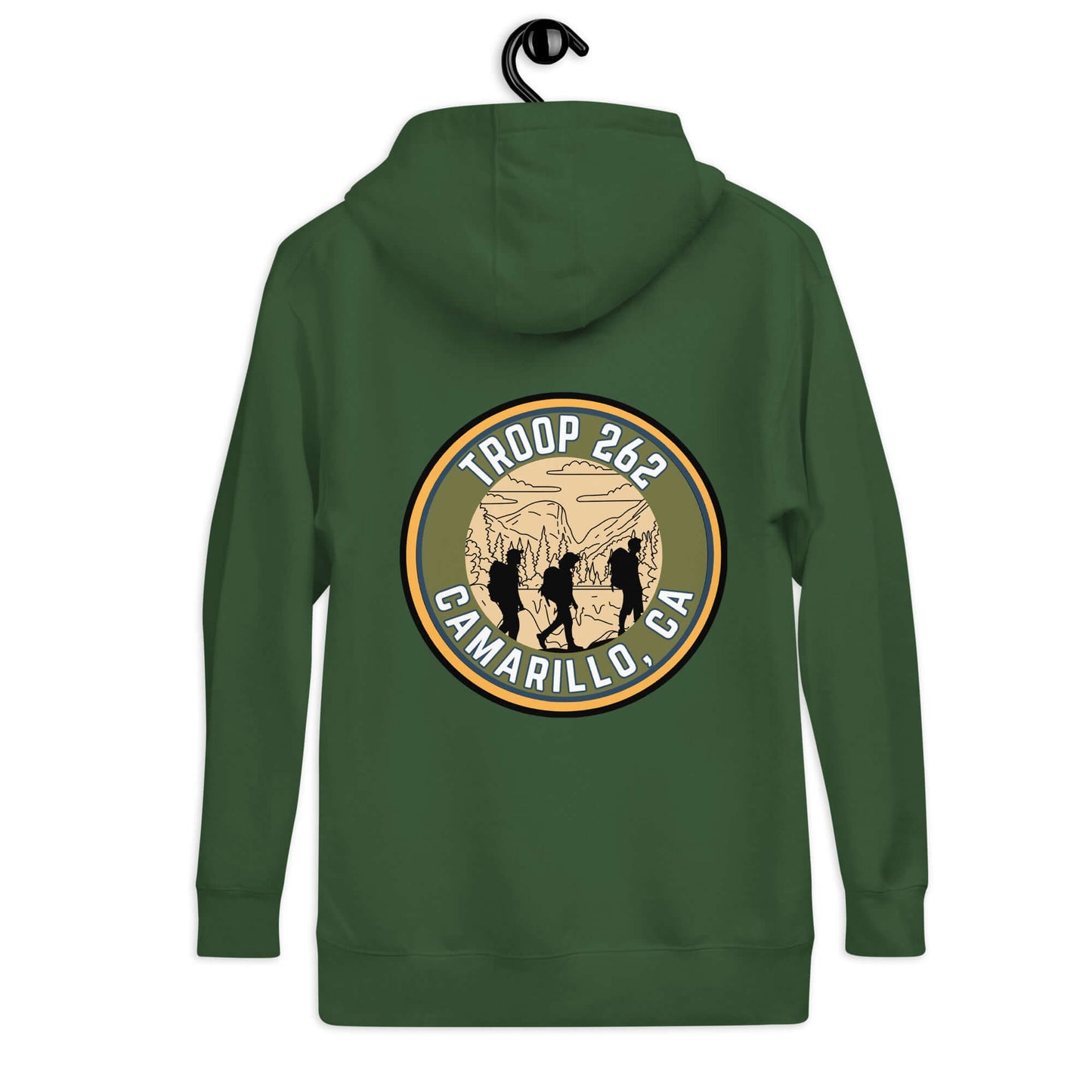 Adult unisex hoodie in green featuring Troop 262 Camarillo CA logo on the back, ideal for outdoor activities.