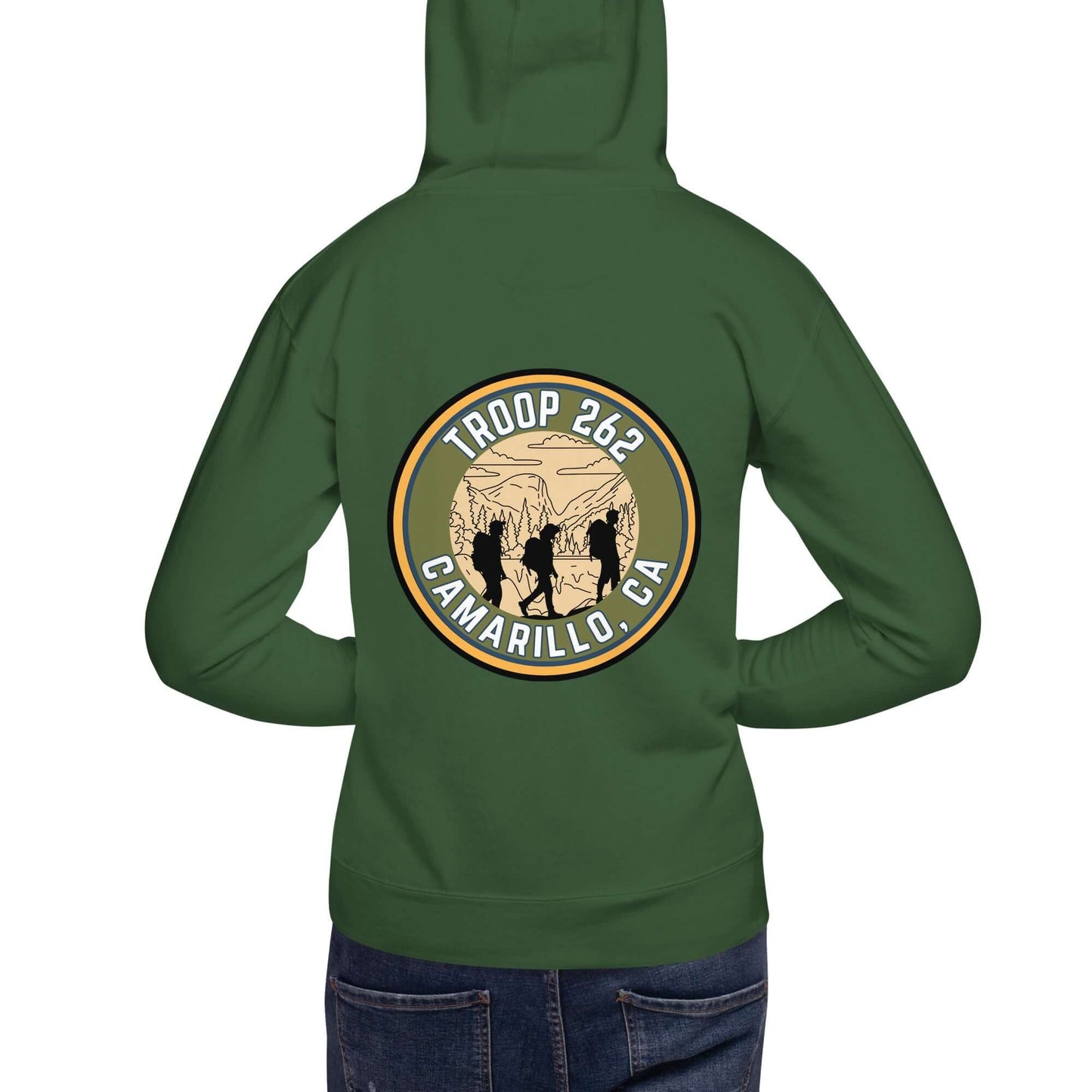 Green Adult Unisex Hoodie featuring Troop 262 logo from Camarillo, CA, perfect for hiking and outdoor activities.