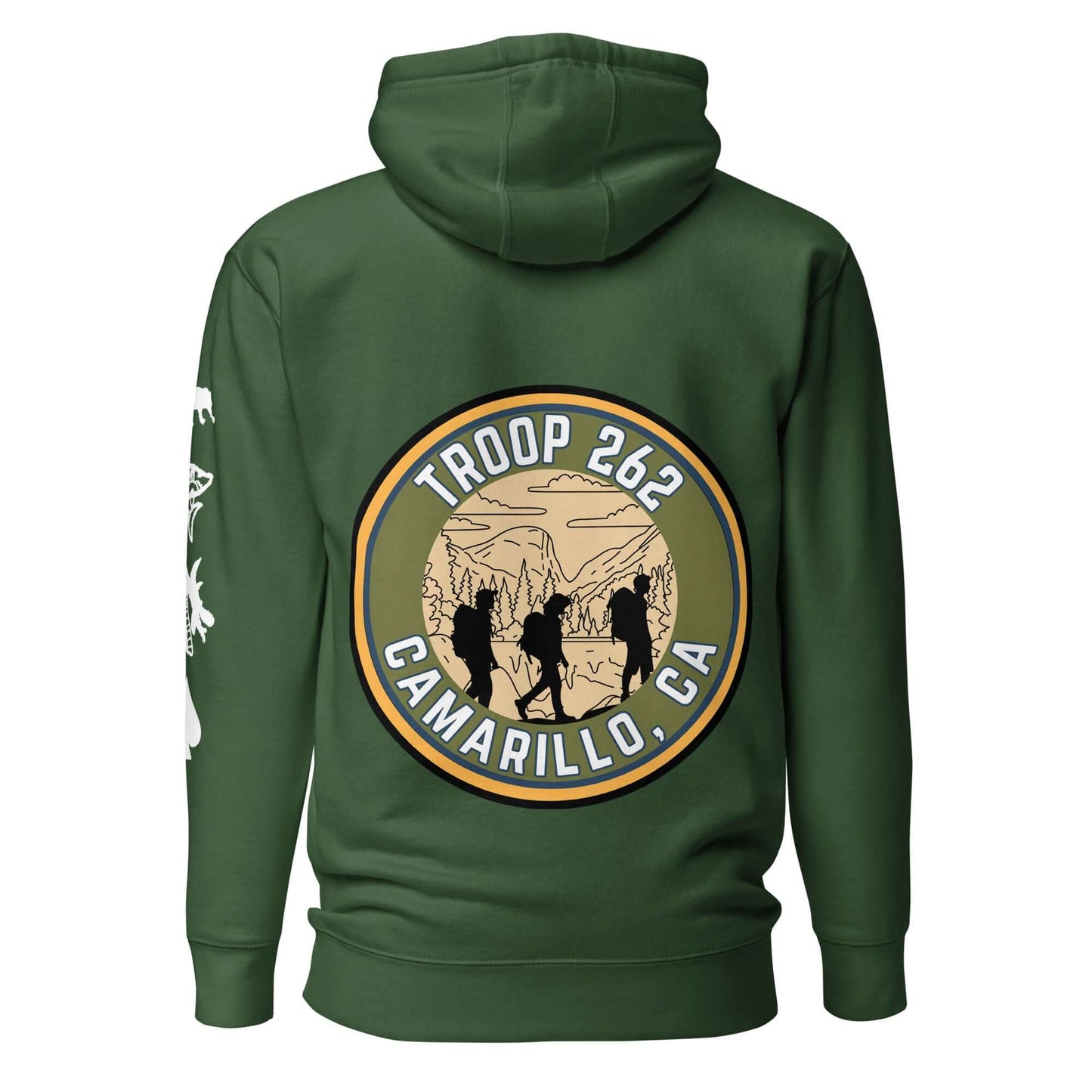 Back view of Adult Unisex Hoodie featuring Troop 262 logo and outdoor design, perfect for scouts and adventurers.