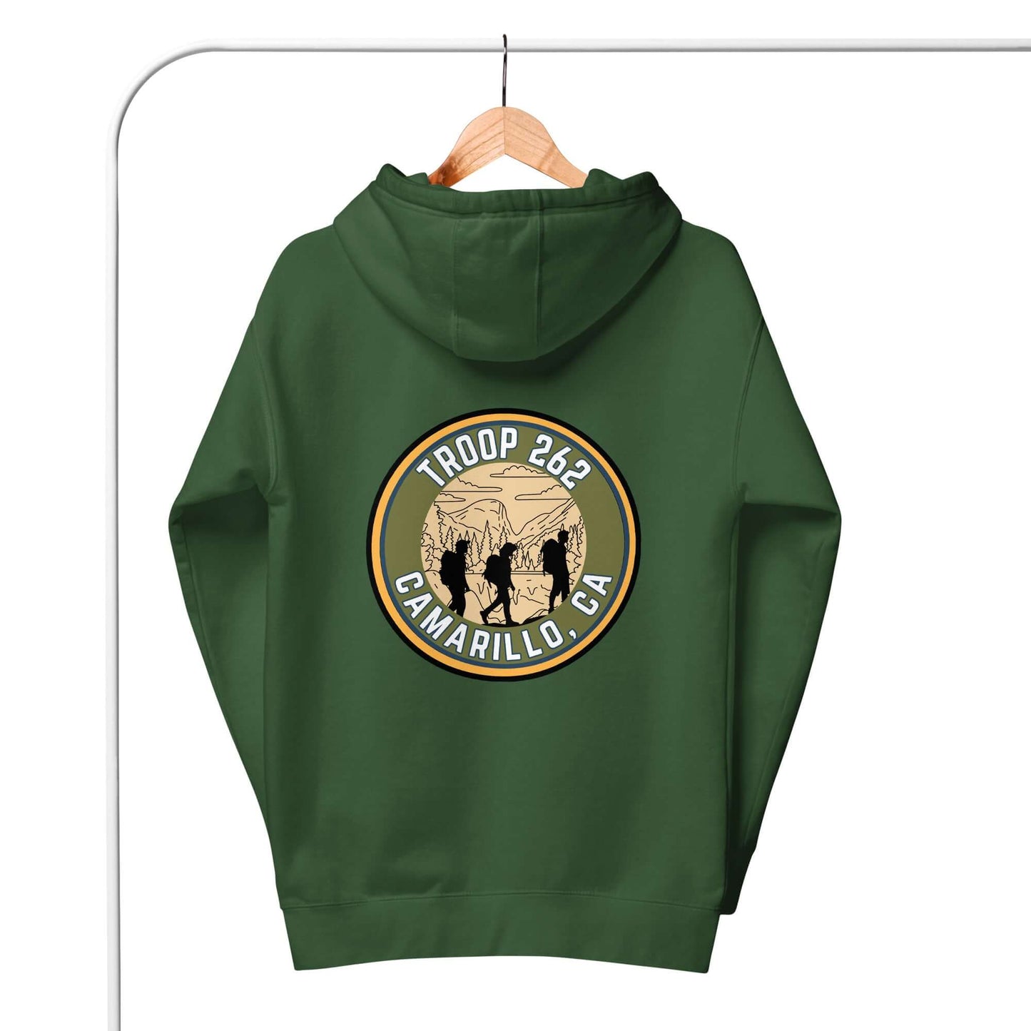 Back view of green Adult Unisex Hoodie for Troop 262 featuring a circular logo with outdoor design elements.