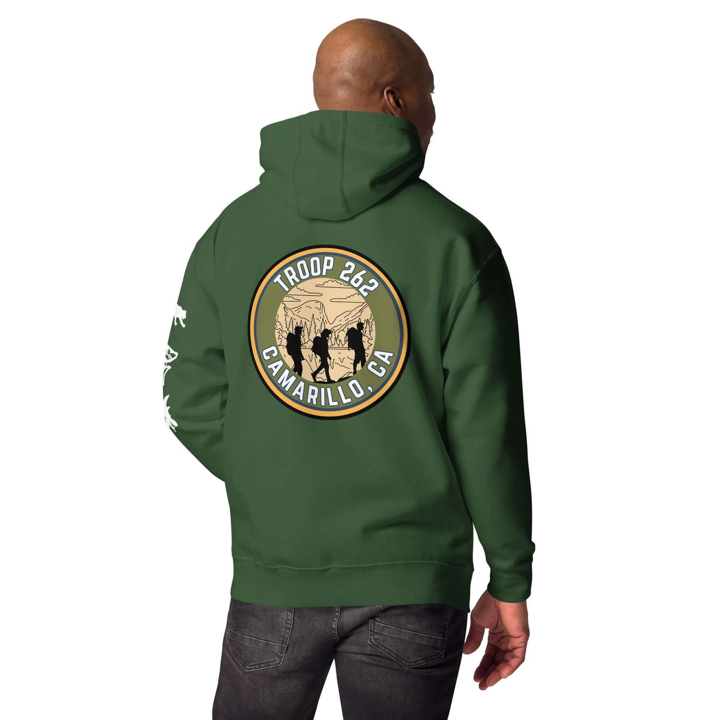 Back view of green Adult Unisex Hoodie featuring Troop 262 logo for outdoor enthusiasts and scouts.