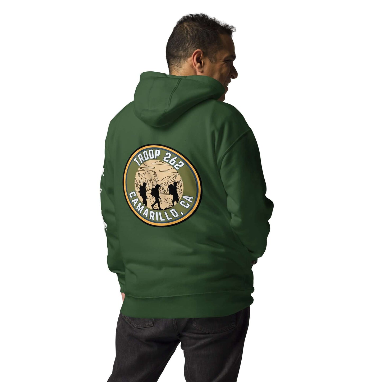 Adult unisex hoodie from Troop 262, Camarillo, CA, featuring a hiking design on the back, ideal for outdoor adventures.
