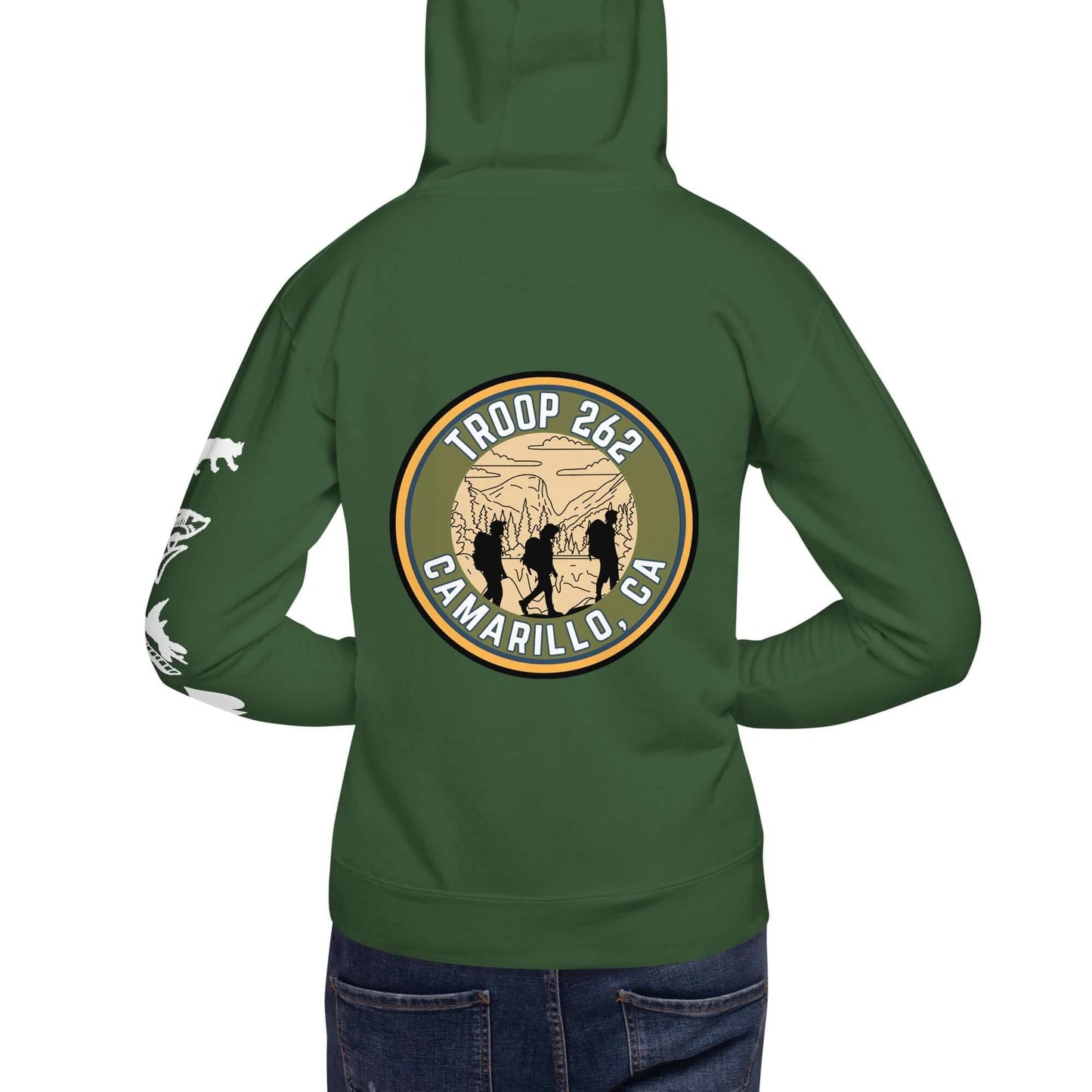 Back view of a green Troop 262 Adult Unisex Hoodie featuring outdoor design and logo in Camarillo, CA.