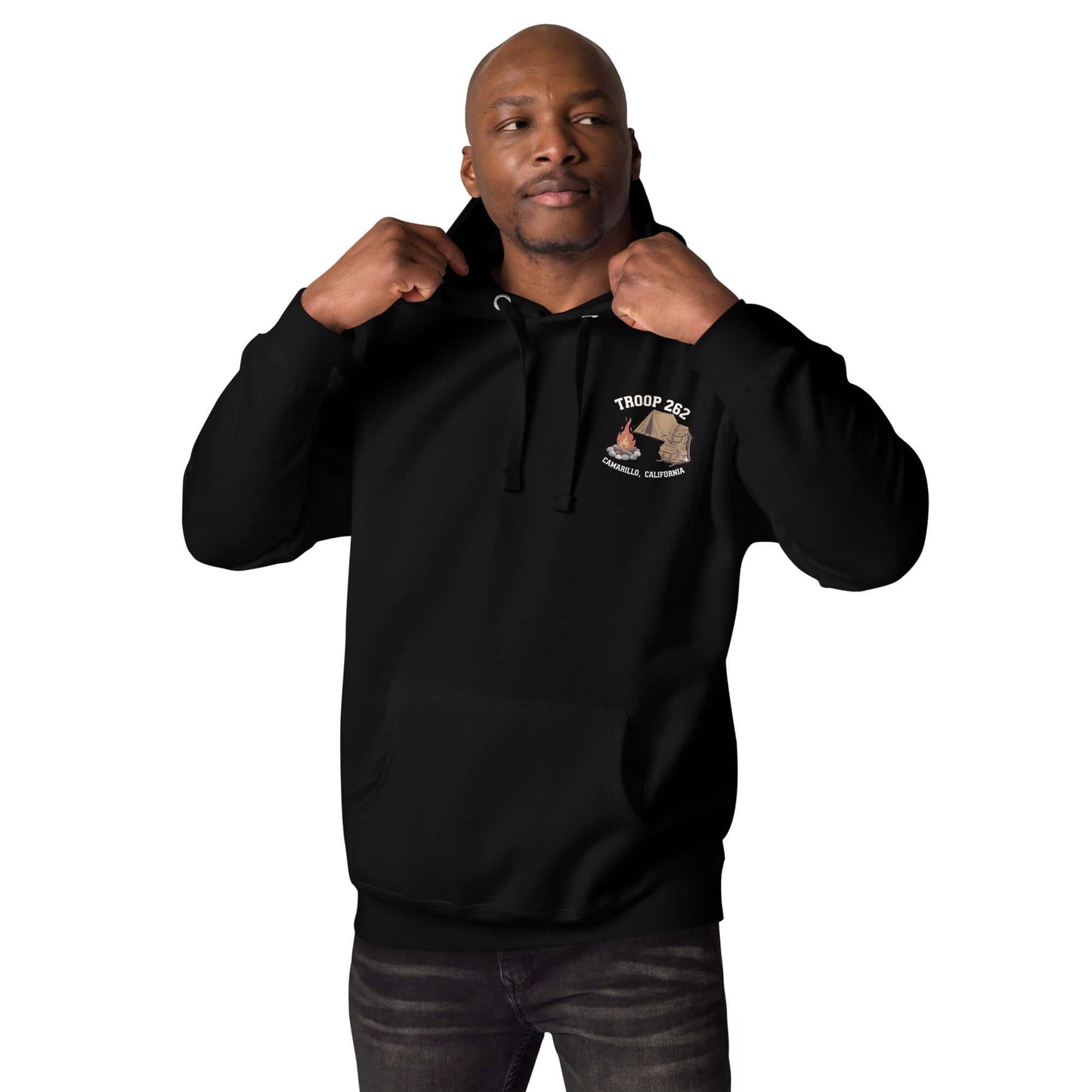 Man wearing a black Adult Unisex Hoodie, showcasing Troop 262 design, perfect for camping and casual wear.