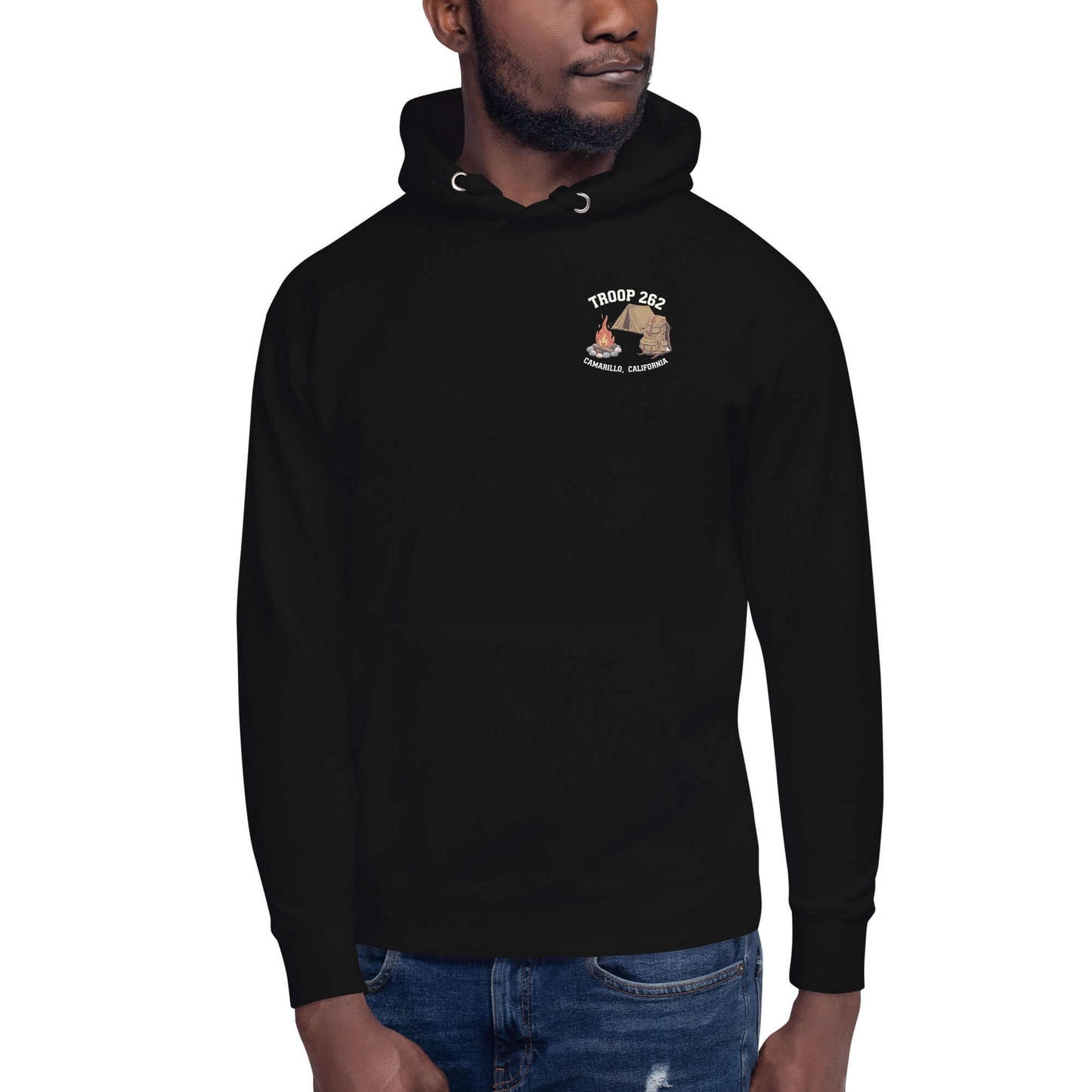 Man wearing black Adult Unisex Hoodie, Troop 262 Camping logo displayed, perfect for comfort and everyday wear.