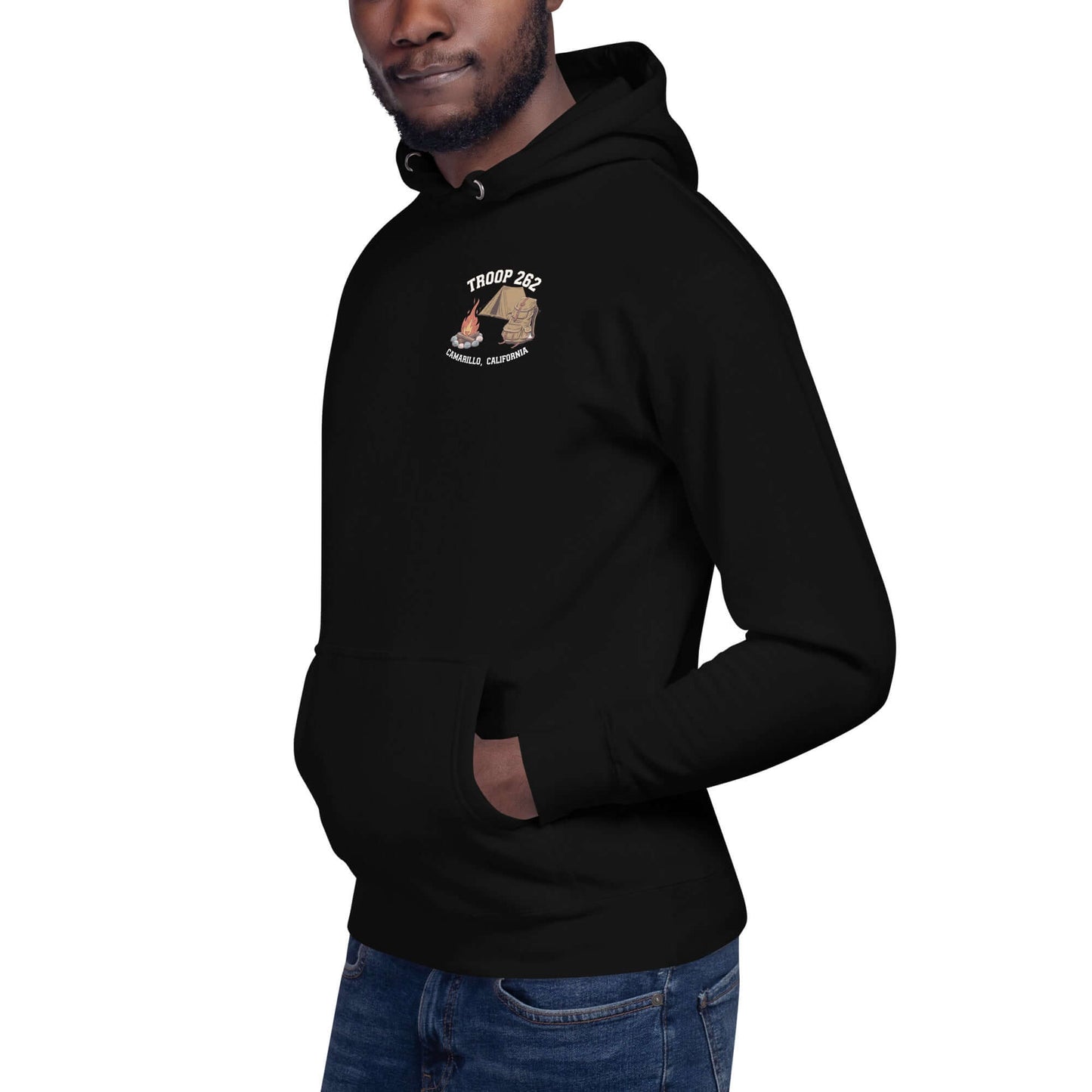 Adult Unisex Hoodie in black, featuring Troop 262 logo, perfect for casual outings and camping adventures.