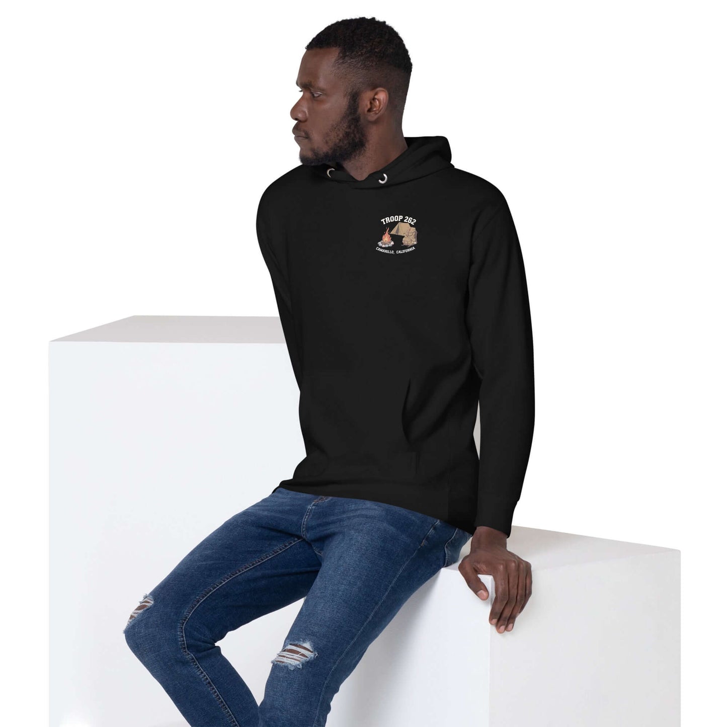 Adult Unisex Hoodie in black, featuring Troop 262 logo, perfect for camping and everyday wear.